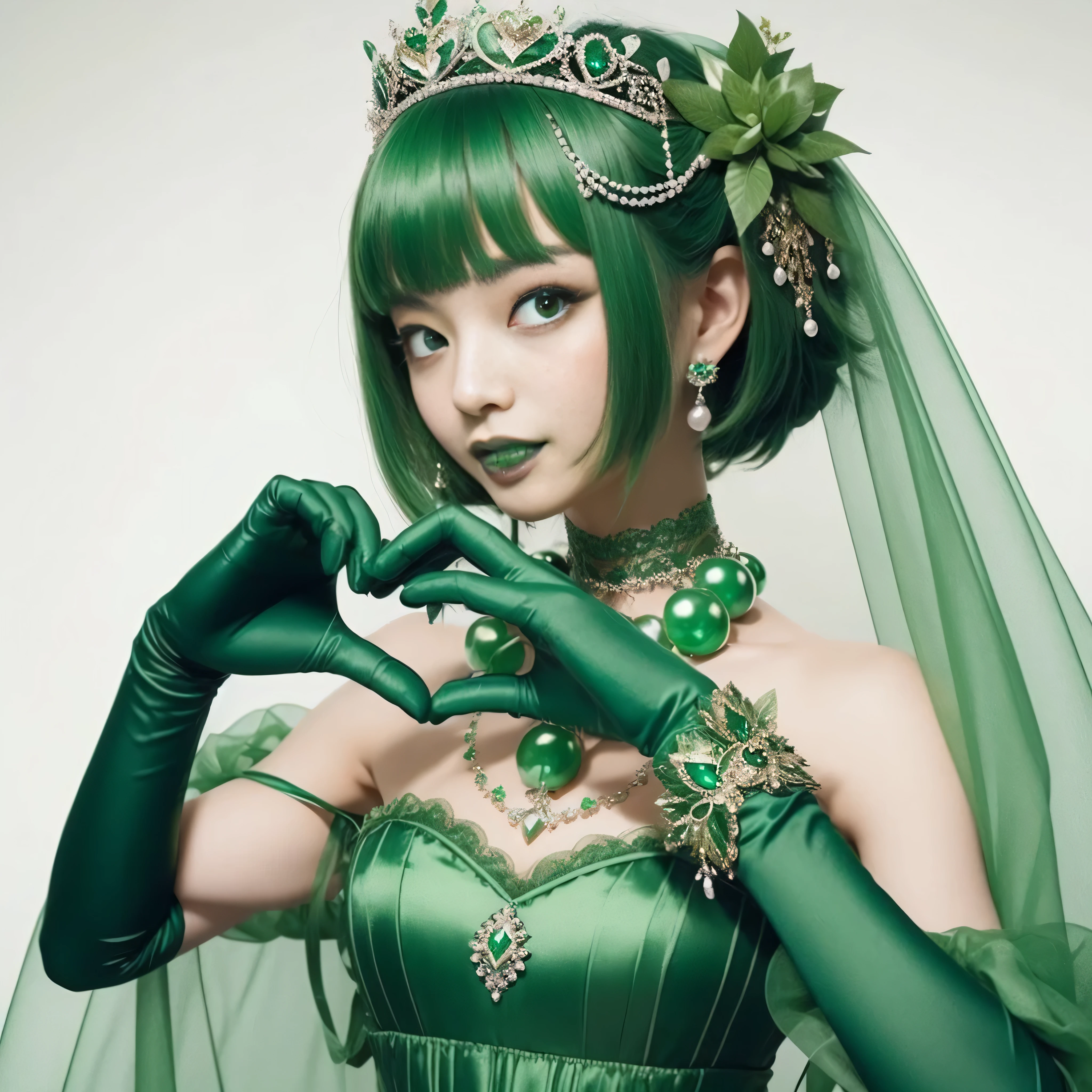 emerald tiara, green pearl necklace, ボーイッシュな非常に短いgreen hair, lipstick, smiling Japanese woman, very short hair,  Beauty with large breasts, green eyes, Long Green Satin Gloves, green eyes, emerald earrings, green veil, heart with both hands, green hair, beautiful japanese woman, heart shaped hand:1.3, green lip gloss