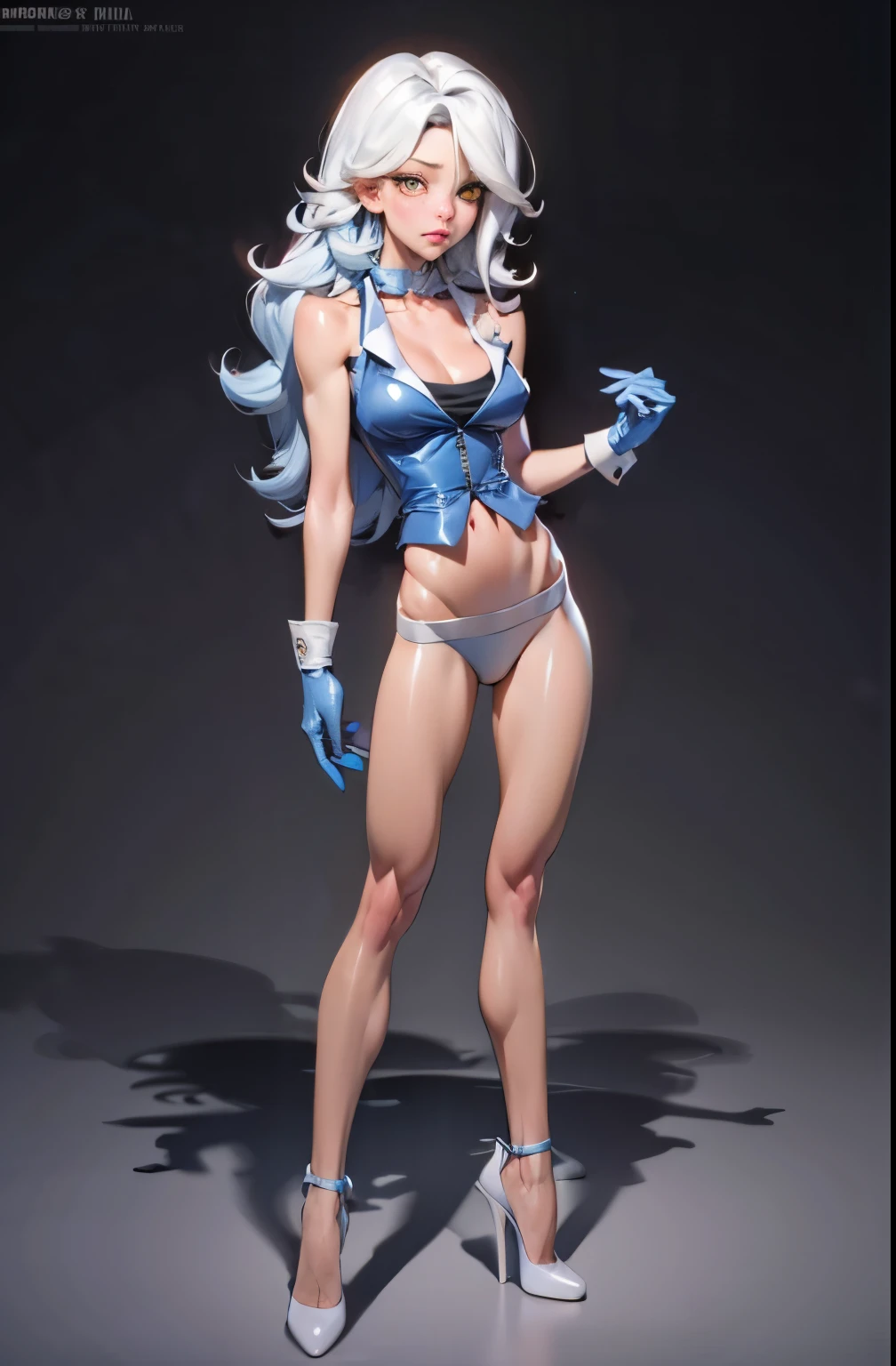 sumeragi lee noriega aesthetic, gloves, high heels,  FernFrieren, very long hair, eyes, (gold pupils), looking down, straight-on, expressionless, arms spread out, standing for battle, looking at viewer, large breasts,, ultra detailed, masterpiece, best quality, aesthetic, detailed, hair, thick thighs, small feet,small waist
