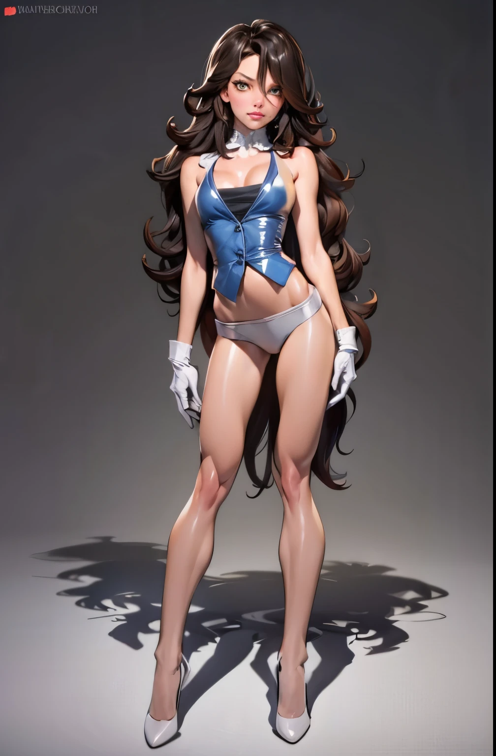 sumeragi lee noriega aesthetic, gloves, high heels, FernFrieren, very long hair, eyes, (gold pupils), looking down, straight-on, expressionless, arms spread out, standing for battle, looking at viewer, large breasts,, ultra detailed, masterpiece, best quality, aesthetic, detailed, hair, thick thighs, small feet,small waist