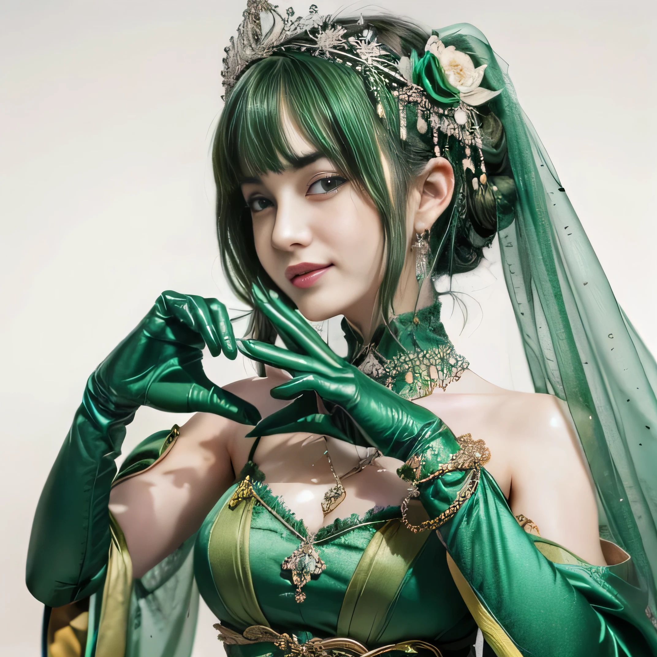 emerald tiara, green pearl necklace, ボーイッシュな非常に短いgreen hair, lipstick, smiling Japanese woman, very short hair, Beauty with large breasts, green eyes, Long Green Satin Gloves, green eyes, emerald earrings, green veil, heart with both hands, green hair, beautiful japanese woman, heart shaped hand:1.3, green lip gloss