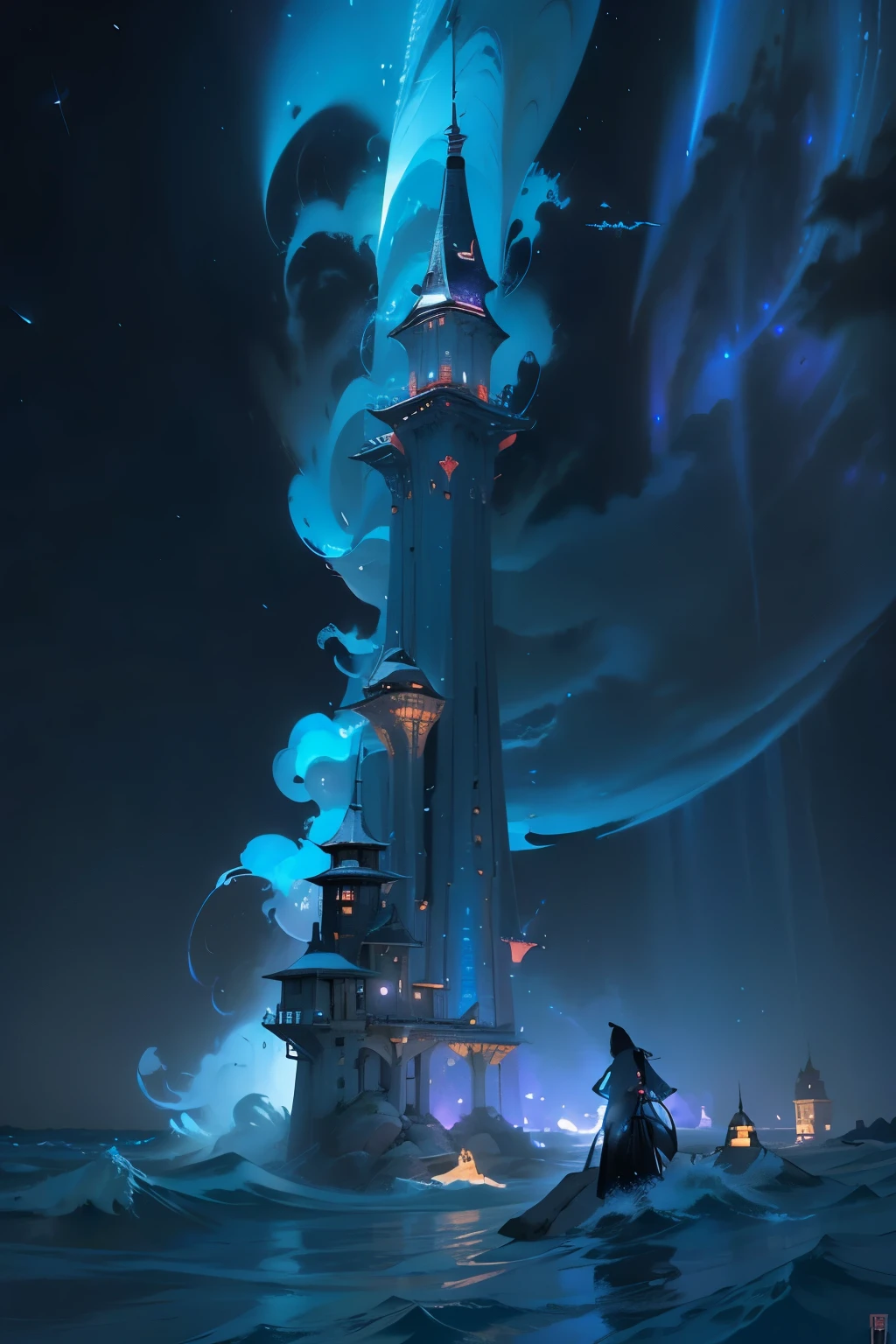 night,The mage tower on the island releases magic,illuminating the sky,Huge waves rolled up in the sea。