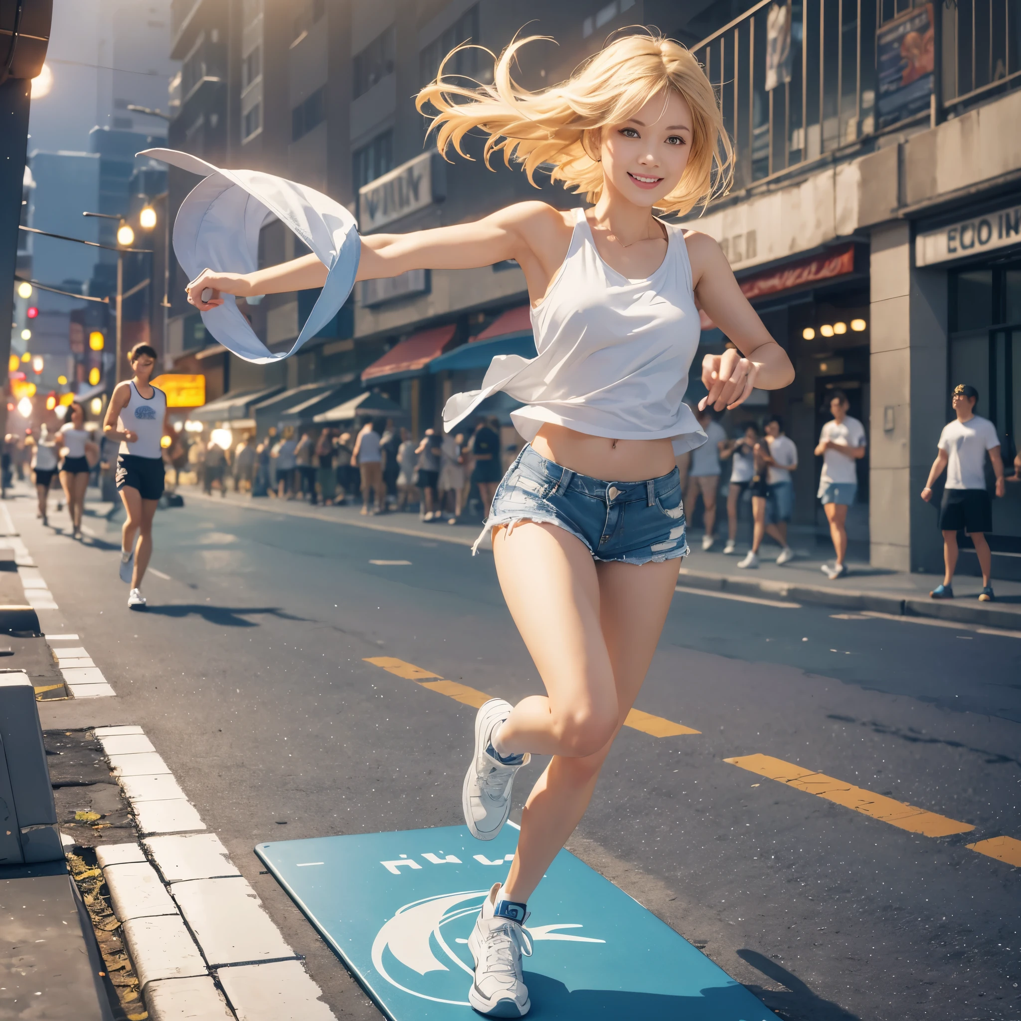 {masterpiece, best quality, Highly detailed CG, unity 8k wallpaper, cinematic lighting}}. beach park, 1 girl, whole body, Beautiful girl riding on electric kickboard, she is amazingly cute, With a smile, golden blonde short bob hairstyle, blue eyes, double eyelid, long eyelashes, Long limbs, She is wearing a white tank top, Distressed denim shorts, And white low cut basketball shoes.. Take active poses.
