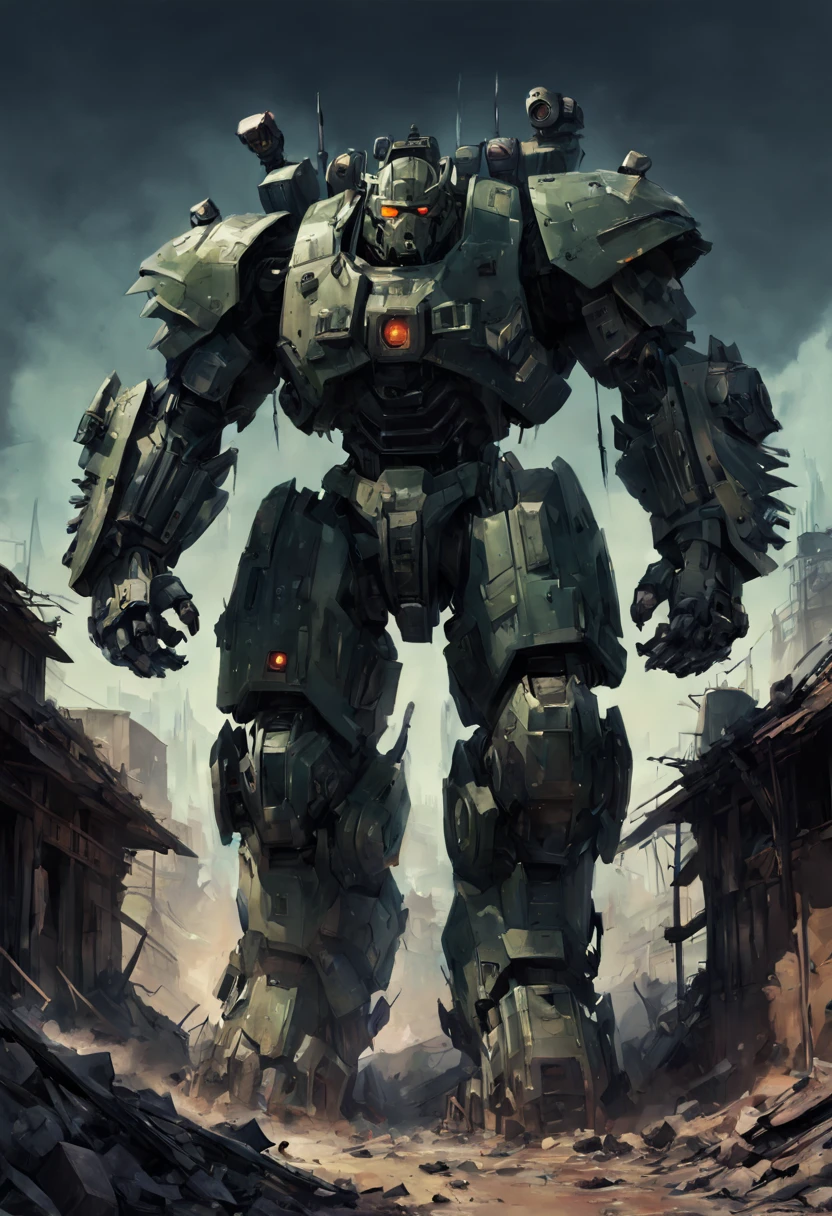 Mecha Warrior, massive hulking partly human cyborg beast heavily armed and armored charging through postapocalyptic wasteland Hyper-detailed masterpiece by Joe Fenton Tracy J. Butler Brian Kesinger WLOP Wadim Kashin Ismail Inceoglu Jordan Grimmer splash art watercolor dark and gritty