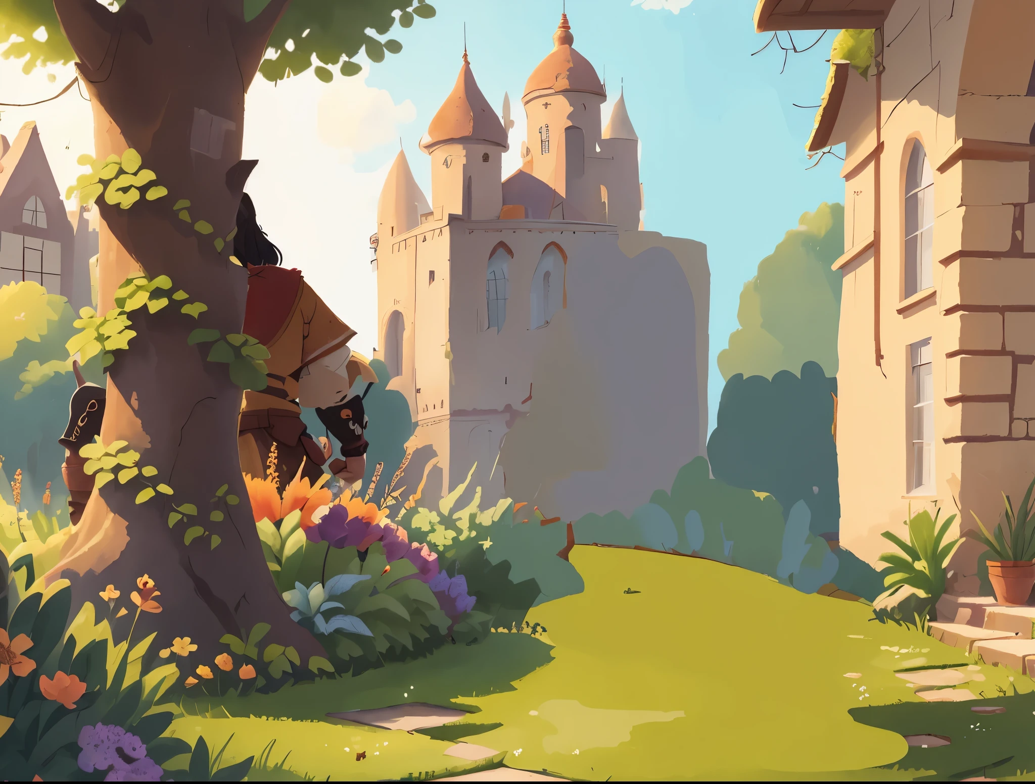 (Back Shadow:1.5),(The back of a king, with a palace garden, trees, and flowers in the background:1.5),High definition, detailed, ultra detailed,Medieval Europe, medieval clothing, watercolor, medieval style,