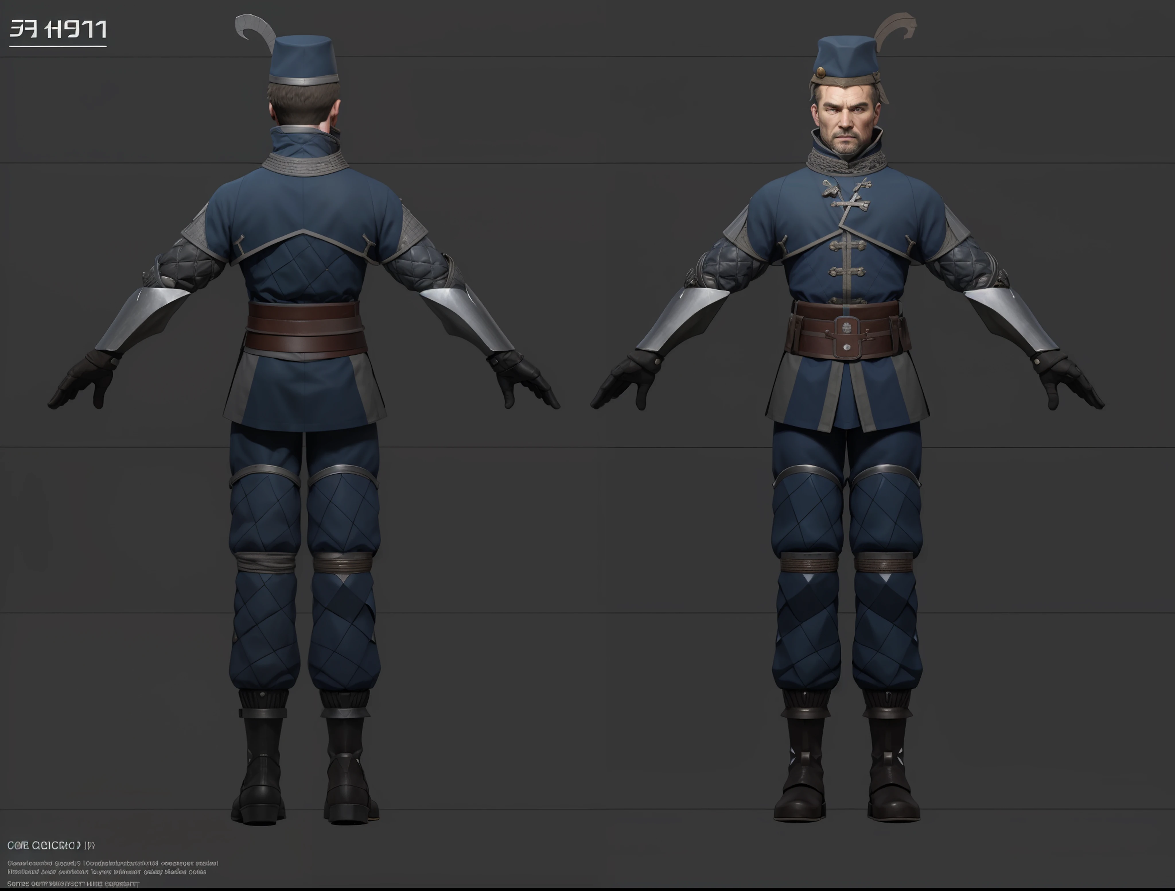 ( Realistic:1.33),(masterpiece:1.1),(highest quality:1.1),(HDR:1) a close up of a man with soldier soviet army hat , full body concept, detailed full body concept, military style character, full body character concept, new costume concept design, full body details, detailed full body concept art, full character body, character model sheet turnaround, fullbody shot turnaround, concept character sheet, full body concept art, reference model sheet , full body concept art, soldier soviet style character, game character design, concept character, full body character concept art, 3d character reference sheet, male, video game character concept, detailed character design, character sheet, character model sheet turnaround , front and back, front and back, Russian army cloth, dark costume, medieval Gambeson, (gambeson glove and leg armor), gambeson, black leather belt, blue Shoulder veil, grey clean background, 3D character