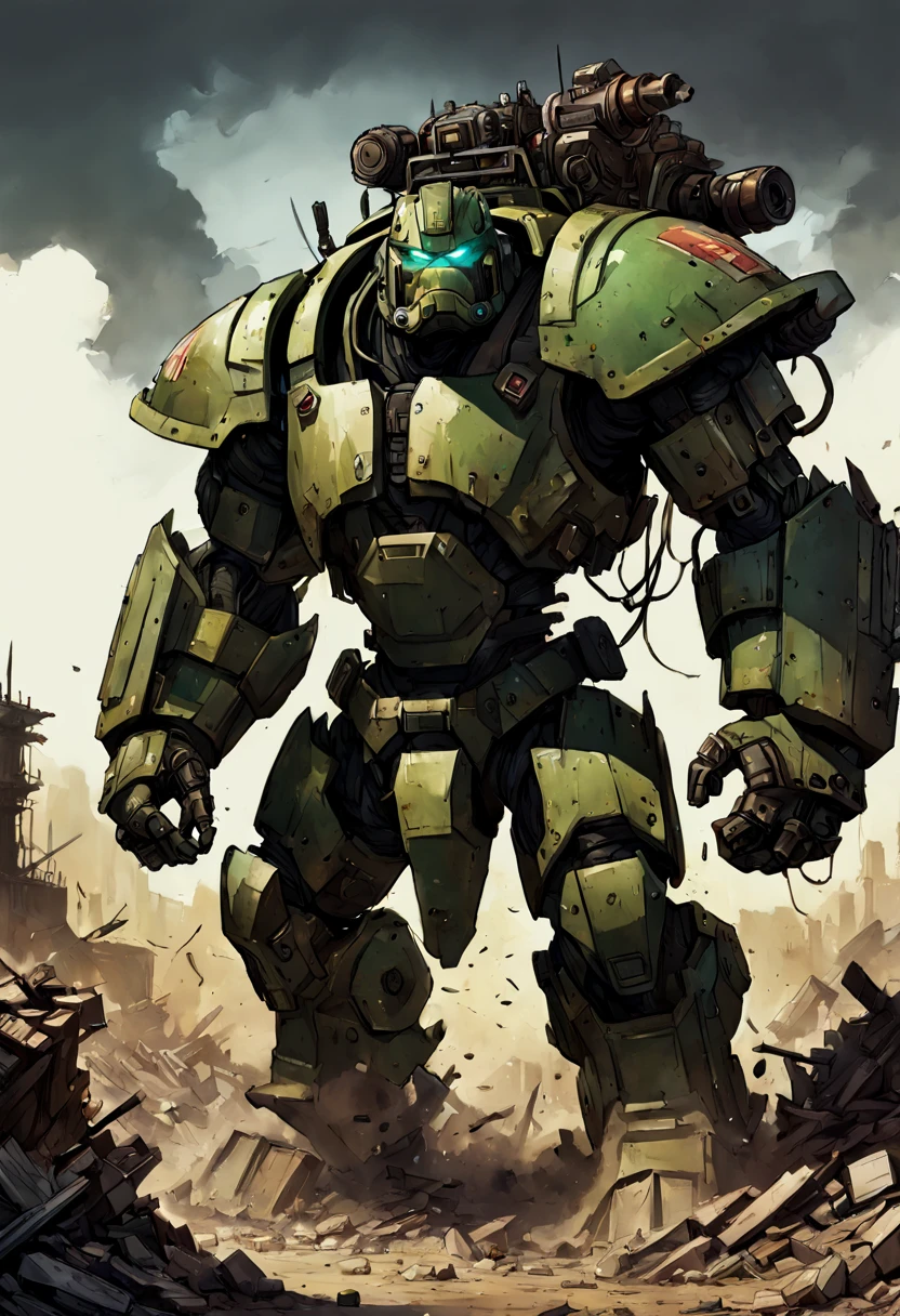 Mecha Warrior, massive hulking partly human cyborg beast heavily armed and armored charging through postapocalyptic wasteland Hyper-detailed masterpiece by Joe Fenton Tracy J. Butler Brian Kesinger WLOP Wadim Kashin Ismail Inceoglu Jordan Grimmer splash art watercolor dark and gritty