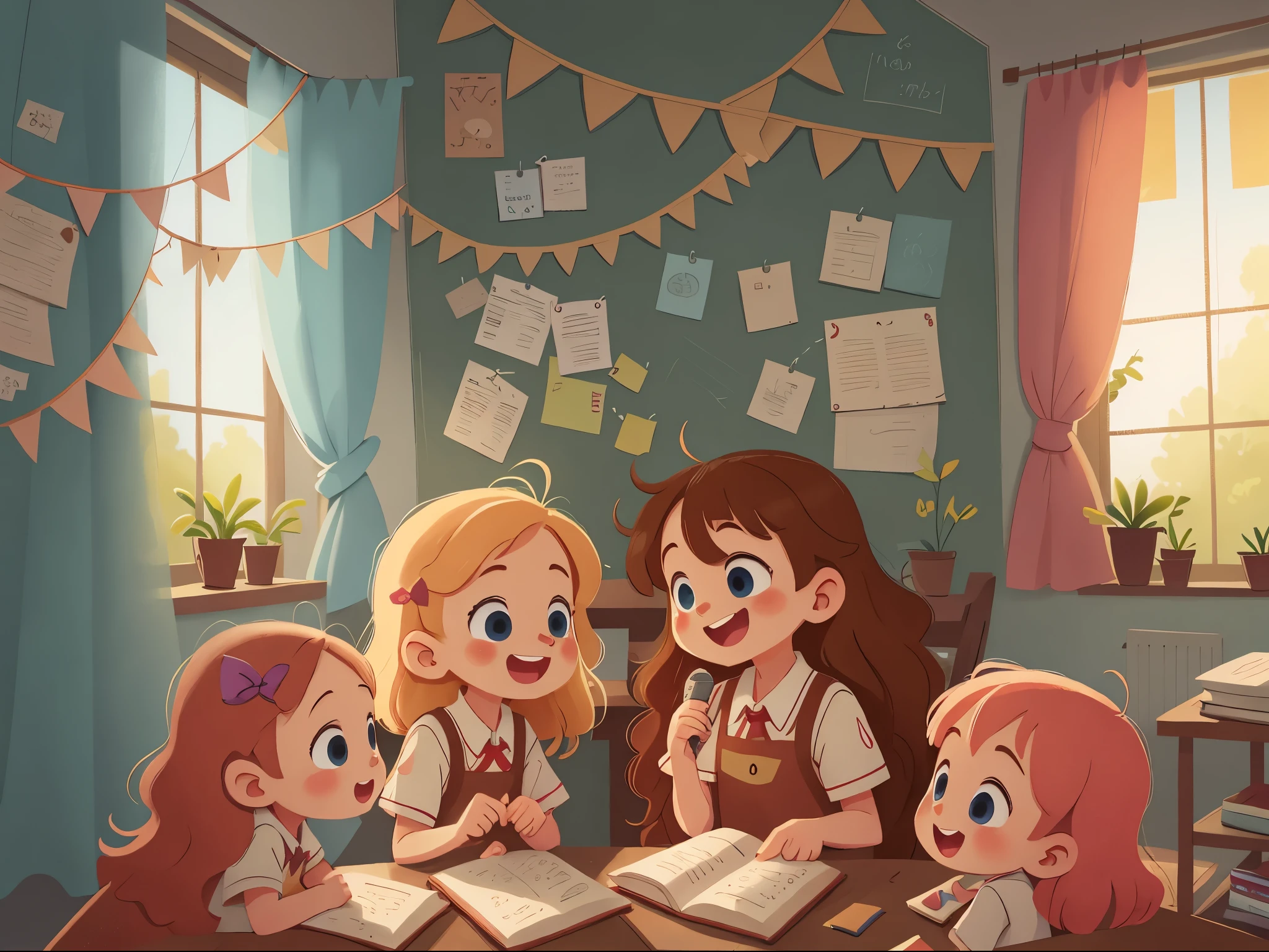 [[[Ultra detailed, best quality, beautiful, 4K, detailed faces, medieval story]]], blond hair, blue eyes, several  girls in a circle, (( Smiling face)), happy, talking cheerfully, in school, windows, curtains, school buildings,