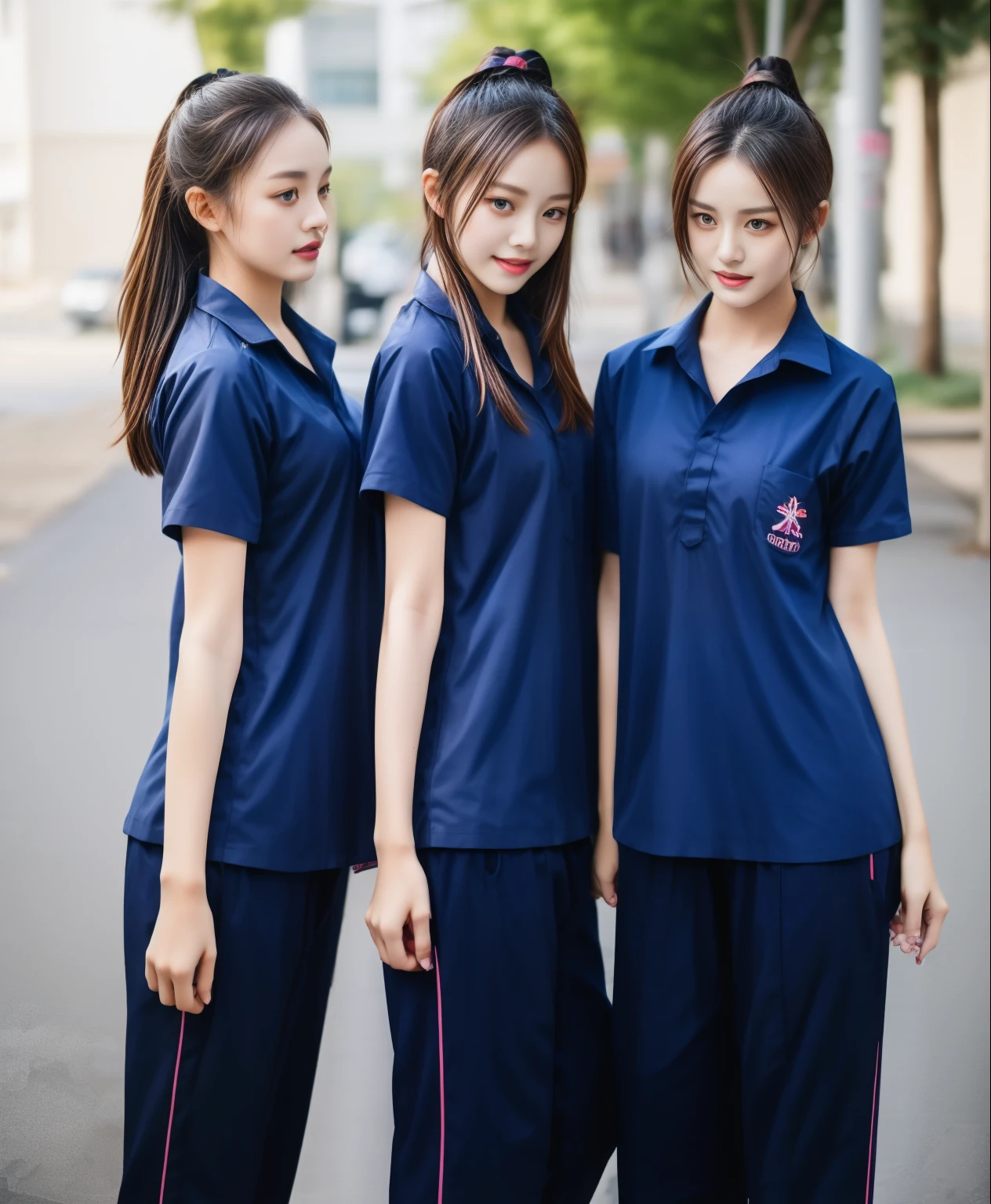 3 girls in fitness center, Navy blue short-sleeved shirt,Navy Long Trackpant,Sweatpants, Sweatpantsขายาว,25 year old girl, lesbian, sexy, exercise clothes, wet body, exercise clothes