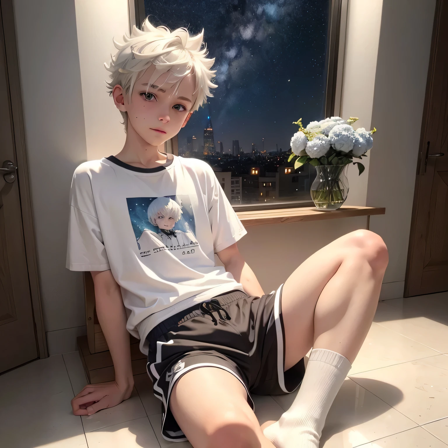 White-haired Shota, starry sky , 15 yo, blue eye, spiky hair, 1 boy, 15 yo, solo, looking at viewer, (masterpiece:1.4), (best quality:1.4), indoors, sitting, short hair, (wavy hair:0.9), (happy face), sunlight, shiny skin, white and grey hair, spiky hairstyle, wearing pajamas satin, material is shiny, open legs, white socks, upper body,very bulge,