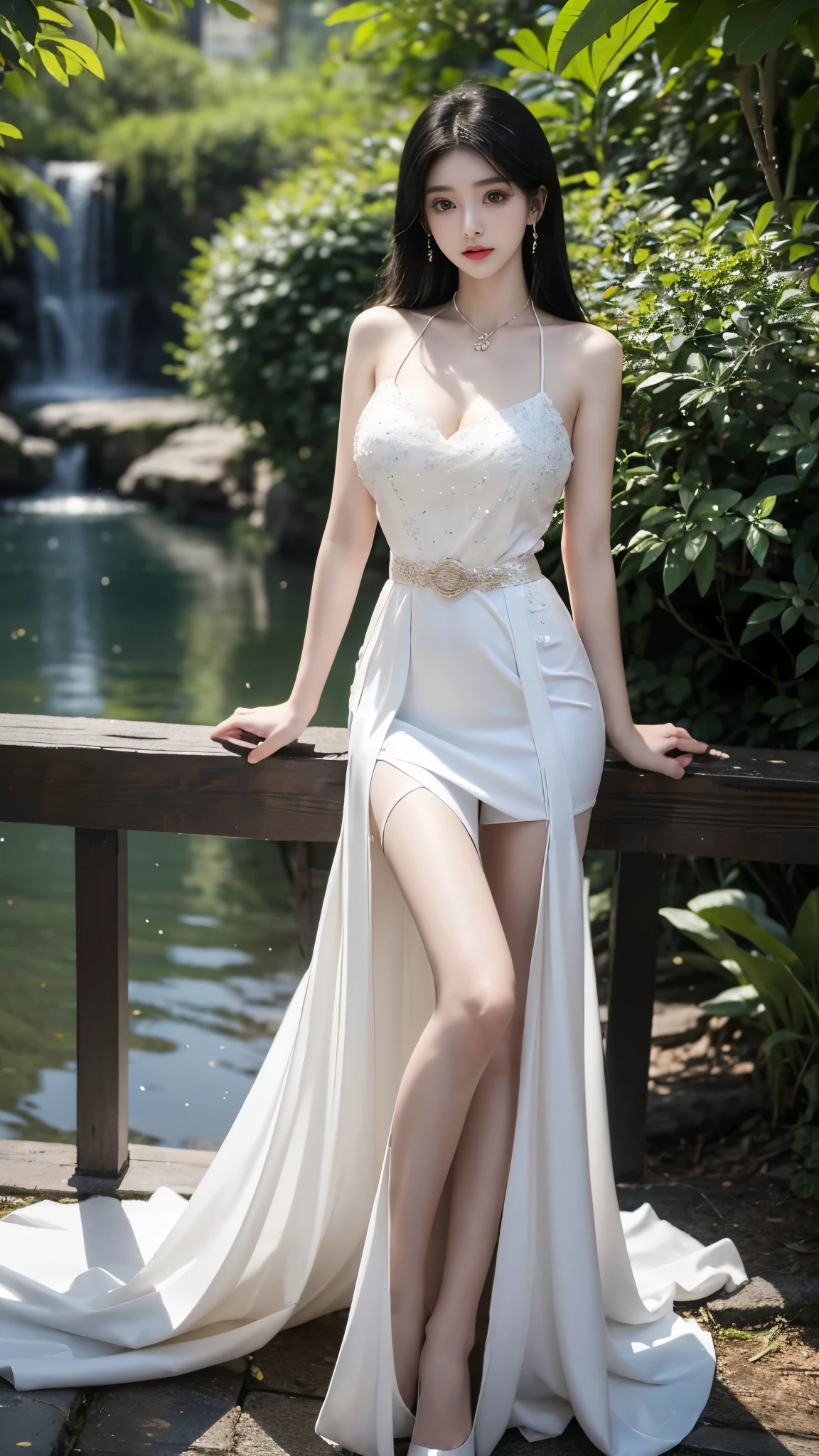 white dress, cleavage, large breasts,  In the depths of Wonderland，The moonlight falls like water，foggy room，The figure of the heroine is vaguely visible，Just like the fairy in the painting，Slender sexy legs，Very nice legs，Leaking sexy legs，Big breasts，美丽而又带着一丝mystery的色彩。Her face is beautiful and delicate，Like finely carved jade，Showing otherworldly beauty。The eyebrows are picturesque，The waves in my eyes are like twinkling stars，Show the light of perseverance and wisdom。The bridge of the nose is straight，Lip color like cherry，The slightly raised corners of the mouth reveal confidence and calmness。Her face is well defined，The skin is as fair as jade，Reveals a healthy glow，Just like a fairy, she never eats fireworks in the world。Her makeup is light and delicate，Not too much embellishment，But enough to show her temperament and charm。Light-colored foundation brings out the transparency of the skin，A light eyebrow pencil outlines her perfect eyebrow shape，Eye makeup is eye shadow and eyeliner，Make her eyes brighter and more energetic。嘴唇涂上grace的口红，Adds a bit of charm and sophistication。她的衣服grace别致，Clothes flutter，It seems like it will be blown up by the wind at any time，drifting into the distance。既不失grace，Also showed her extraordinary skills。A wide belt is tied around the waist，There is a crystal clear jade pendant hanging on it，Rocking with her movements。Her hair is tied back casually，Secure it with a hosta，A few strands of hair are fluttering gently in the wind，Adds a bit of softness。Her figure is looming in the fairyland，宛如一道Big breasts美丽的风景线，attracted everyone&#39;s attention。She seems to be a fairy in wonderland，Big breasts美丽、grace、mystery、and full of power。