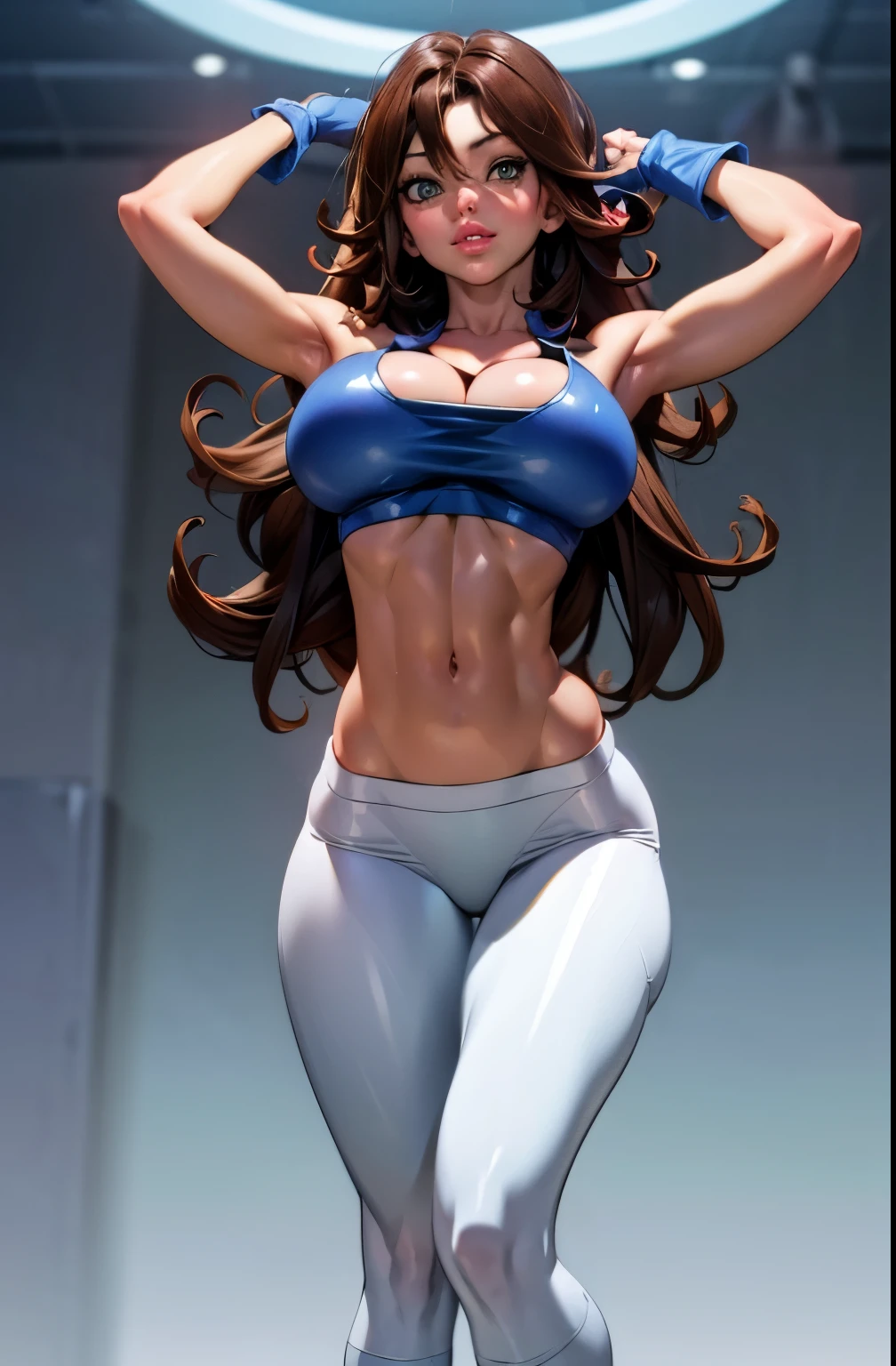 sumeragi lee noriega aesthetic, (giant blue gloves), high heels,  FernFrieren, white pants, blue ?????, v cut abs, slendered abs, very long hair, (brown hair), eyes, (gold pupils), looking down, straight-on, expressionless, arms spread out, standing for battle, looking at viewer, ((????????????????:1.3)), ultra detailed, masterpiece, best quality, aesthetic, detailed, hair, thick thighs, small feet,small waist