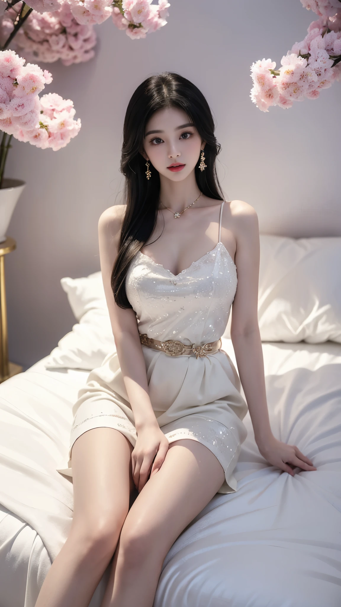 white dress, cleavage, large breasts,  In the depths of Wonderland，The moonlight falls like water，foggy room，The figure of the heroine is vaguely visible，Just like the fairy in the painting，Slender sexy legs，Very nice legs，Leaking sexy legs，Big breasts，美丽而又带着一丝mystery的色彩。Her face is beautiful and delicate，Like finely carved jade，Showing otherworldly beauty。The eyebrows are picturesque，The waves in my eyes are like twinkling stars，Show the light of perseverance and wisdom。The bridge of the nose is straight，Lip color like cherry，The slightly raised corners of the mouth reveal confidence and calmness。Her face is well defined，The skin is as fair as jade，Reveals a healthy glow，Just like a fairy, she never eats fireworks in the world。Her makeup is light and delicate，Not too much embellishment，But enough to show her temperament and charm。Light-colored foundation brings out the transparency of the skin，A light eyebrow pencil outlines her perfect eyebrow shape，Eye makeup is eye shadow and eyeliner，Make her eyes brighter and more energetic。嘴唇涂上grace的口红，Adds a bit of charm and sophistication。她的衣服grace别致，Clothes flutter，It seems like it will be blown up by the wind at any time，drifting into the distance。既不失grace，Also showed her extraordinary skills。A wide belt is tied around the waist，There is a crystal clear jade pendant hanging on it，Rocking with her movements。Her hair is tied back casually，Secure it with a hosta，A few strands of hair are fluttering gently in the wind，Adds a bit of softness。Her figure is looming in the fairyland，宛如一道Big breasts美丽的风景线，attracted everyone&#39;s attention。She seems to be a fairy in wonderland，Big breasts美丽、grace、mystery、and full of power。