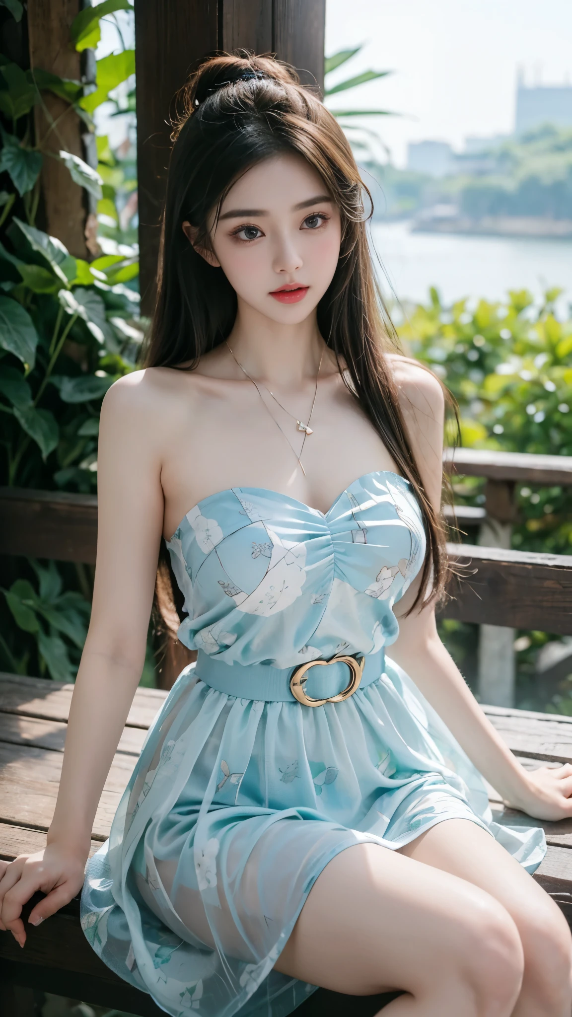 bare shoulders, dress,In the depths of Wonderland，The moonlight falls like water，foggy room，The figure of the heroine is vaguely visible，Just like the fairy in the painting，Slender sexy legs，Very nice legs，Leaking sexy legs，Big breasts，美丽而又带着一丝mystery的色彩。Her face is beautiful and delicate，Like finely carved jade，Showing otherworldly beauty。The eyebrows are picturesque，The waves in my eyes are like twinkling stars，Show the light of perseverance and wisdom。The bridge of the nose is straight，Lip color like cherry，The slightly raised corners of the mouth reveal confidence and calmness。Her face is well defined，The skin is as fair as jade，Reveals a healthy glow，Just like a fairy, she never eats fireworks in the world。Her makeup is light and delicate，Not too much embellishment，But enough to show her temperament and charm。Light-colored foundation brings out the transparency of the skin，A light eyebrow pencil outlines her perfect eyebrow shape，Eye makeup is eye shadow and eyeliner，Make her eyes brighter and more energetic。嘴唇涂上grace的口红，Adds a bit of charm and sophistication。她的衣服grace别致，Clothes flutter，It seems like it will be blown up by the wind at any time，drifting into the distance。既不失grace，Also showed her extraordinary skills。A wide belt is tied around the waist，There is a crystal clear jade pendant hanging on it，Rocking with her movements。Her hair is tied back casually，Secure it with a hosta，A few strands of hair are fluttering gently in the wind，Adds a bit of softness。Her figure is looming in the fairyland，宛如一道Big breasts美丽的风景线，attracted everyone&#39;s attention。She seems to be a fairy in wonderland，Big breasts美丽、grace、mystery、and full of power。