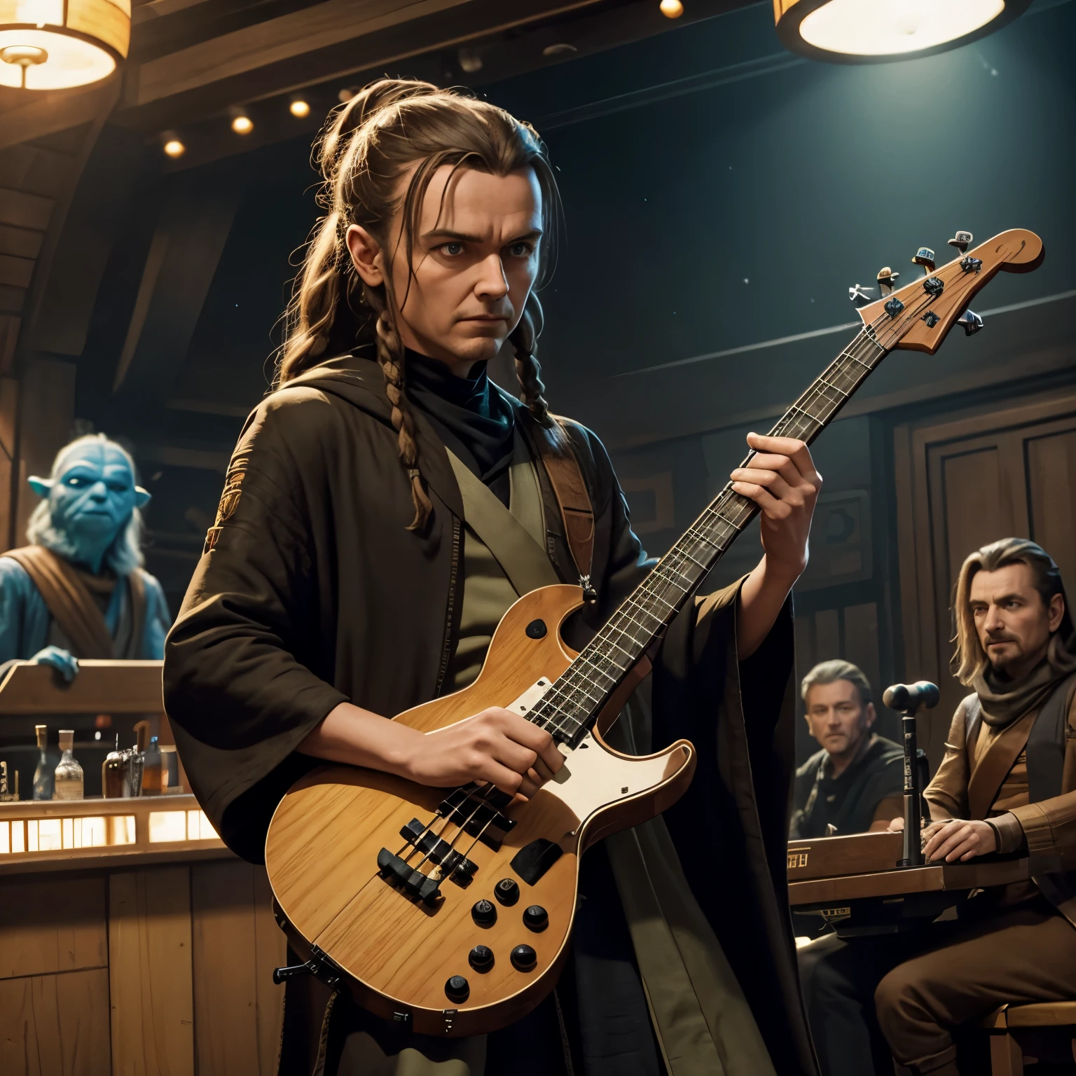 Star WarsOn a small stage in a pub on Tatooine, Yoda plays the electric guitar, links neben ihm spielt Plo Koon E-Bass, on the right side of the stage is Ki Adi Mundi at the piano. In der Mitte singt Padme Amidala, hinter ihr sitzt Qui Gon Gin am Schlagzeug