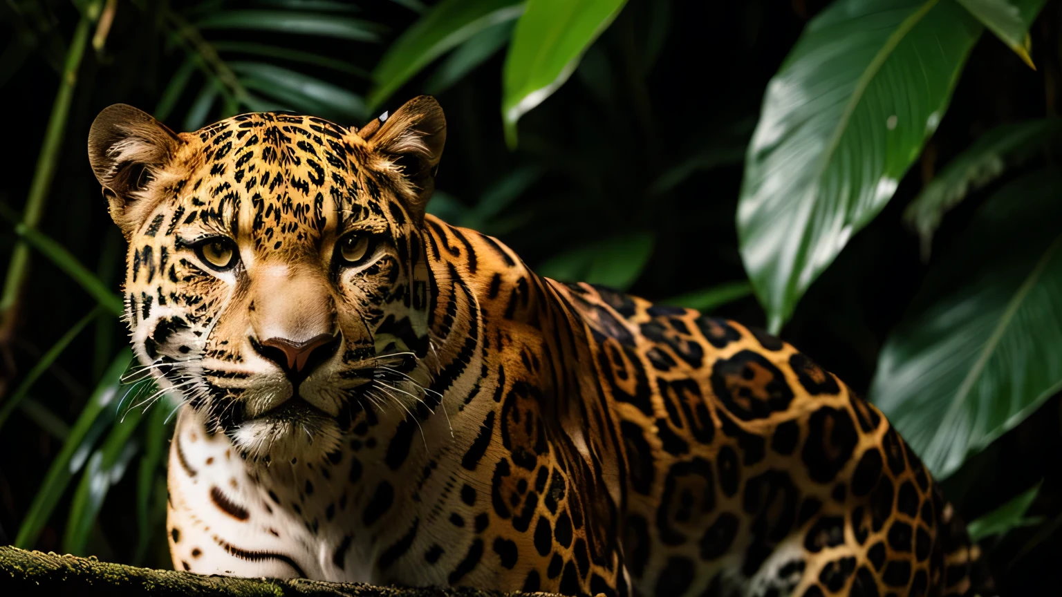 jaggers, cinematic, eye level, Artistic, rainforest, Eyes and mouth, leaves and water, fur pattern, green and brown, Sony, stroboscope, Amazon rainforest, night, Mysterious, dense forest,muscular,toughness,nice,Animals only
