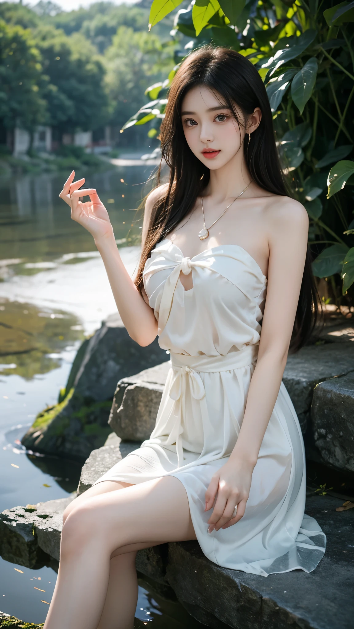 bare shoulders, dress,In the depths of Wonderland，The moonlight falls like water，foggy room，The figure of the heroine is vaguely visible，Just like the fairy in the painting，Slender sexy legs，Very nice legs，Leaking sexy legs，Big breasts，美丽而又带着一丝mystery的色彩。Her face is beautiful and delicate，Like finely carved jade，Showing otherworldly beauty。The eyebrows are picturesque，The waves in my eyes are like twinkling stars，Show the light of perseverance and wisdom。The bridge of the nose is straight，Lip color like cherry，The slightly raised corners of the mouth reveal confidence and calmness。Her face is well defined，The skin is as fair as jade，Reveals a healthy glow，Just like a fairy, she never eats fireworks in the world。Her makeup is light and delicate，Not too much embellishment，But enough to show her temperament and charm。Light-colored foundation brings out the transparency of the skin，A light eyebrow pencil outlines her perfect eyebrow shape，Eye makeup is eye shadow and eyeliner，Make her eyes brighter and more energetic。嘴唇涂上grace的口红，Adds a bit of charm and sophistication。她的衣服grace别致，Clothes flutter，It seems like it will be blown up by the wind at any time，drifting into the distance。既不失grace，Also showed her extraordinary skills。A wide belt is tied around the waist，There is a crystal clear jade pendant hanging on it，Rocking with her movements。Her hair is tied back casually，Secure it with a hosta，A few strands of hair are fluttering gently in the wind，Adds a bit of softness。Her figure is looming in the fairyland，宛如一道Big breasts美丽的风景线，attracted everyone&#39;s attention。She seems to be a fairy in wonderland，Big breasts美丽、grace、mystery、and full of power。