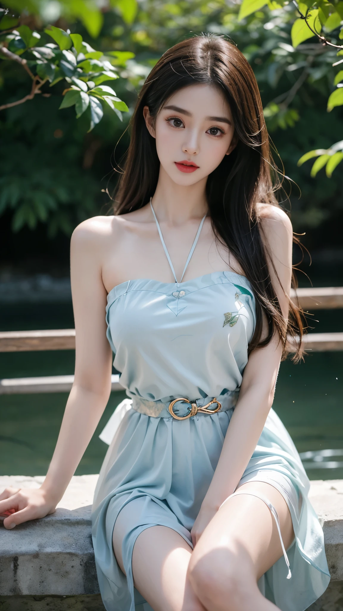 bare shoulders, dress,In the depths of Wonderland，The moonlight falls like water，foggy room，The figure of the heroine is vaguely visible，Just like the fairy in the painting，Slender sexy legs，Very nice legs，Leaking sexy legs，Big breasts，美丽而又带着一丝mystery的色彩。Her face is beautiful and delicate，Like finely carved jade，Showing otherworldly beauty。The eyebrows are picturesque，The waves in my eyes are like twinkling stars，Show the light of perseverance and wisdom。The bridge of the nose is straight，Lip color like cherry，The slightly raised corners of the mouth reveal confidence and calmness。Her face is well defined，The skin is as fair as jade，Reveals a healthy glow，Just like a fairy, she never eats fireworks in the world。Her makeup is light and delicate，Not too much embellishment，But enough to show her temperament and charm。Light-colored foundation brings out the transparency of the skin，A light eyebrow pencil outlines her perfect eyebrow shape，Eye makeup is eye shadow and eyeliner，Make her eyes brighter and more energetic。嘴唇涂上grace的口红，Adds a bit of charm and sophistication。她的衣服grace别致，Clothes flutter，It seems like it will be blown up by the wind at any time，drifting into the distance。既不失grace，Also showed her extraordinary skills。A wide belt is tied around the waist，There is a crystal clear jade pendant hanging on it，Rocking with her movements。Her hair is tied back casually，Secure it with a hosta，A few strands of hair are fluttering gently in the wind，Adds a bit of softness。Her figure is looming in the fairyland，宛如一道Big breasts美丽的风景线，attracted everyone&#39;s attention。She seems to be a fairy in wonderland，Big breasts美丽、grace、mystery、and full of power。