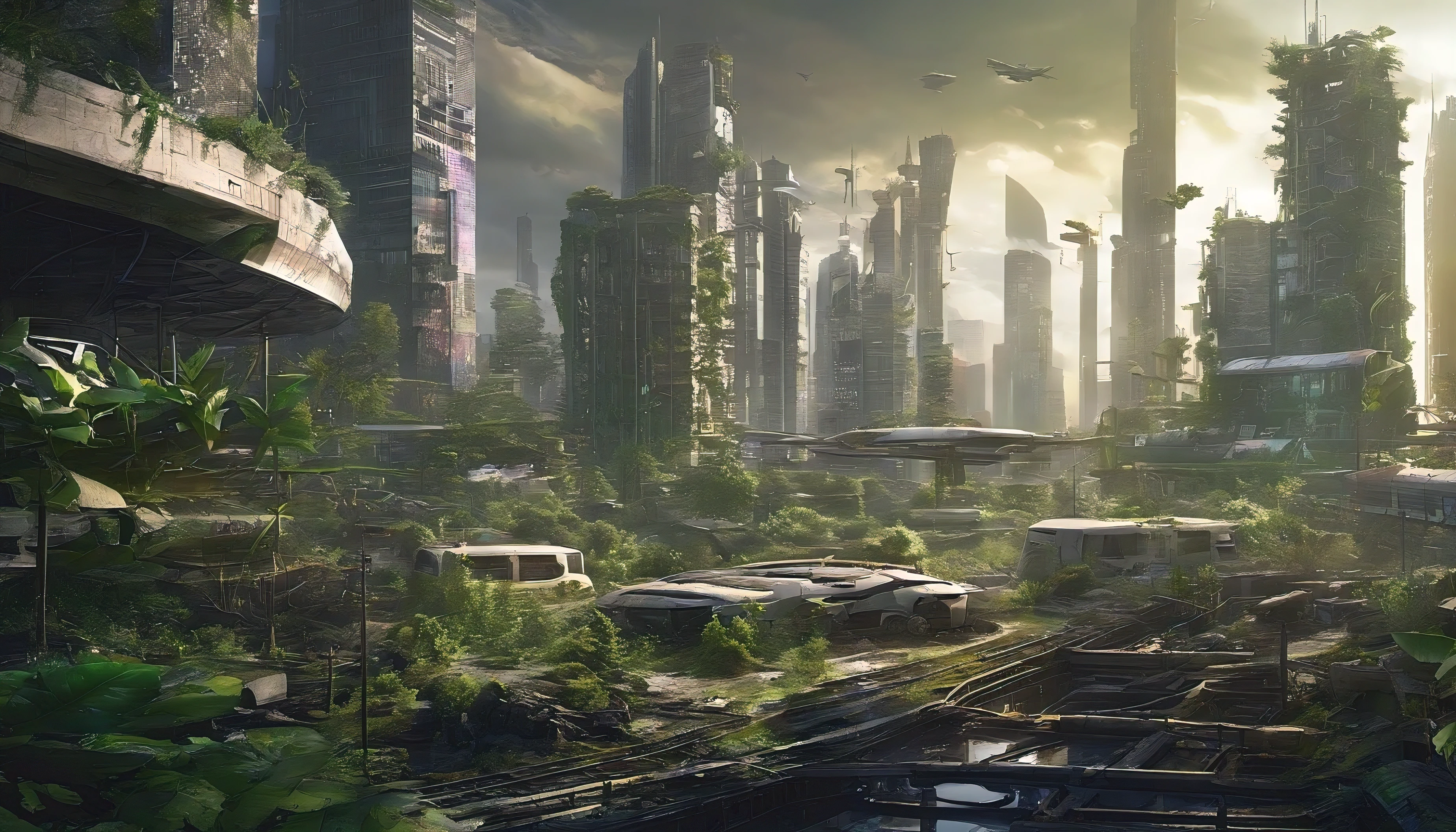 (eine postapokalyptische Stadt, covered in moss and futuristic little reptile-like creatures),Dystopian atmosphere, abandoned buildings, crumbling infrastructure, verdrehtes Metall, Overgrown vegetation, Desolate streets, unheimliche Stille, Verfallendes Graffiti, Ruinen, and remnants of a bygone era, apocalyptic twilight, giftiger Dunst, schwach beleuchtet durch flackernde Neonlichter, verrostete Fahrzeuge, overgrown nature is reclaiming the city, Hoch aufragende Wolkenkratzer mit zerbrochenen Fenstern, a feeling of decay and destruction, Verfallene Werbetafeln, Zeichen vergangener Zivilisation, die Kreaturen, that crawl on the walls, leuchtende Augen, who peer from the shadows, der Geruch von Feuchtigkeit und Verfall, zerfallende Statuen, eine Aura des Geheimnisses und der Vorahnung, Relics of technology amid nature's takeover, the contrast between the resilience of nature and the hubris of man, eine vergessene und verlassene Welt, Remnants of life and its struggles, ein Hoffnungsschimmer inmitten der Trostlosigkeit.