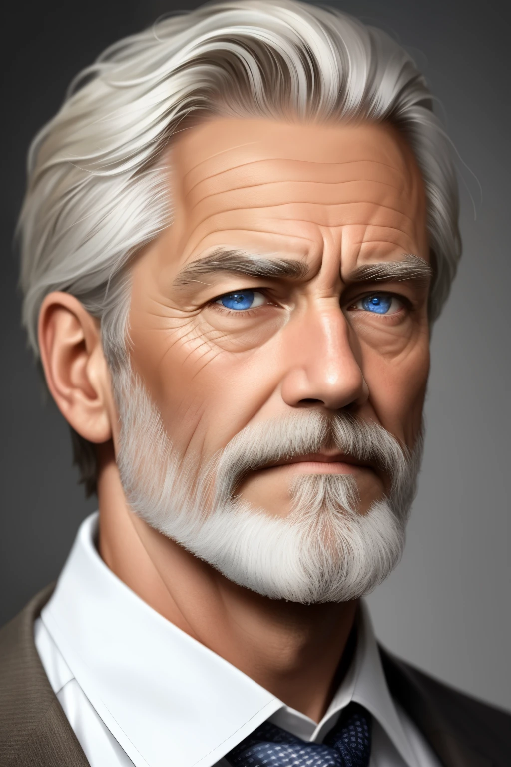 A captivating close-up portrait in Paul Edgecomb's realistic style, featuring a man with wrinkled features, furrowed brow, and a weathered face etched with the passage of time. The subject's piercing blue eyes are fixed with an intense gaze, revealing a sense of wisdom and experience. A white beard frames his face, blending seamlessly into a crisp, white collared shirt. The background is simple, with muted earth tones, creating a stark contrast and emphasizing the subject's intricate textures and details. High definition, realistic, masterpiece, artstation, deviantart, dribble, redbubble, sharp focus, detailed drawing, vectorize,