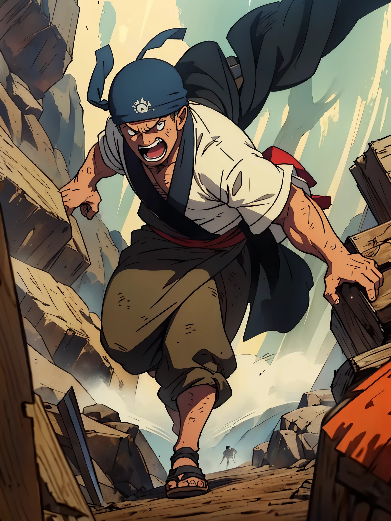 cabin boy, a sword, weak, bandana, blunt, funny, ugly, 2 hands, screams, full length, runs into battle