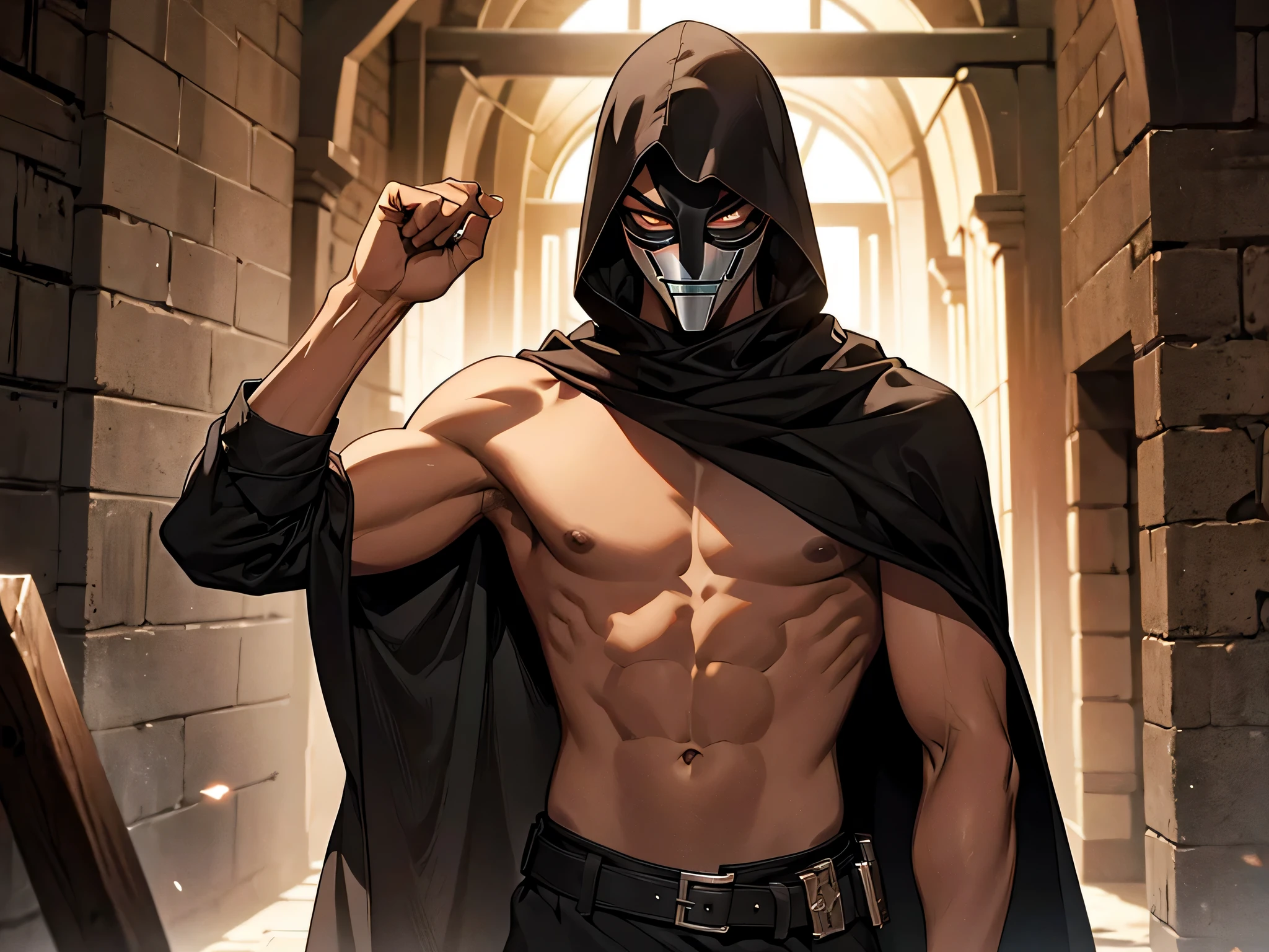 thin young man, dark skin wearing mask, V-shaped vendetta wears a mask, slavery, bare chest, this man is a slave, in a prison, dungeon, dark, medieval times, frustrated