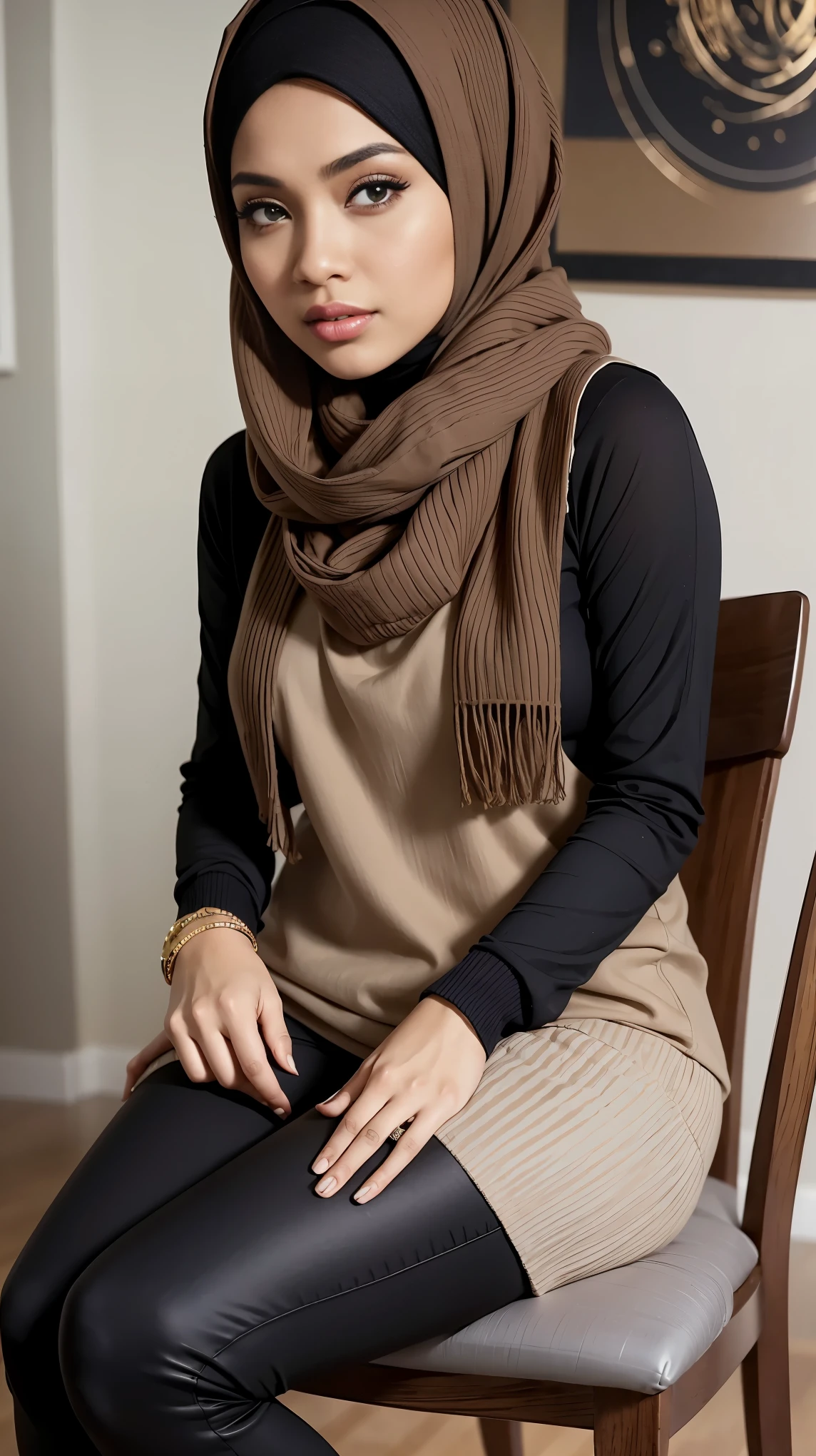 RAW, Best quality, high resolution, masterpiece: 1.3), beautiful Malay woman in hijab, Masterpiece, perfect fit body, big breasts,thick thighs, beautiful face, beautiful big eyes, Soft smile, wearing a black scarf and a brown sweater sitting on a chair, brown sweater, wearing casual sweater, with lovely look, lovely woman, hijab, casual modern clothing, beautiful design, black and brown, black legging, with stars, wonderful masterpiece, modern casual clothing, lovely, beutiful, style of ade santora, casual clothing style