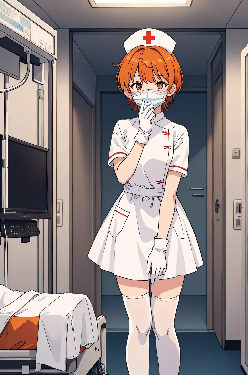 1 girl, alone, nurse, nurse cap, Whiteware, ((white legwear, zettai ryouiki)), white gloves, very short hair, orange hair, ((White surgical mask, Covered nose)), Are standing, ((hospital room)), sharp outline, short sleeve, Tomboy, boyish, highest quality, masterpiece