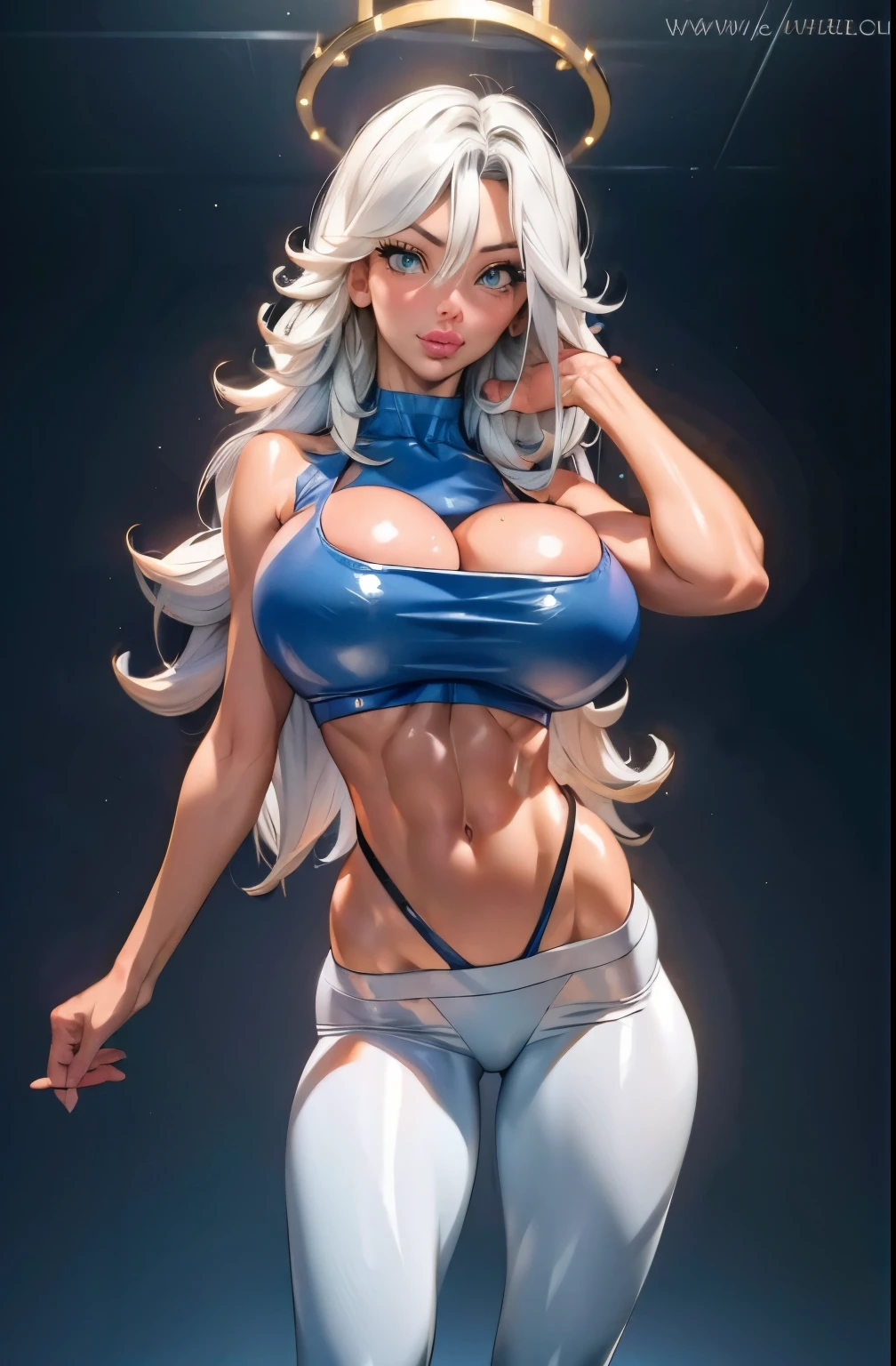 sumeragi lee noriega aesthetic, blue gloves, high heels,  (aletta ocean face), (puffy lips), FernFrieren, white pants, blue thong, ((v cut abs, slendered abs)), very long hair, eyes, (gold pupils), looking down, straight-on, expressionless, arms spread out, standing for battle, looking at viewer, (gigantic breasts:1.4), ultra detailed, masterpiece, best quality, aesthetic, detailed, hair, thick thighs, small feet,small waist