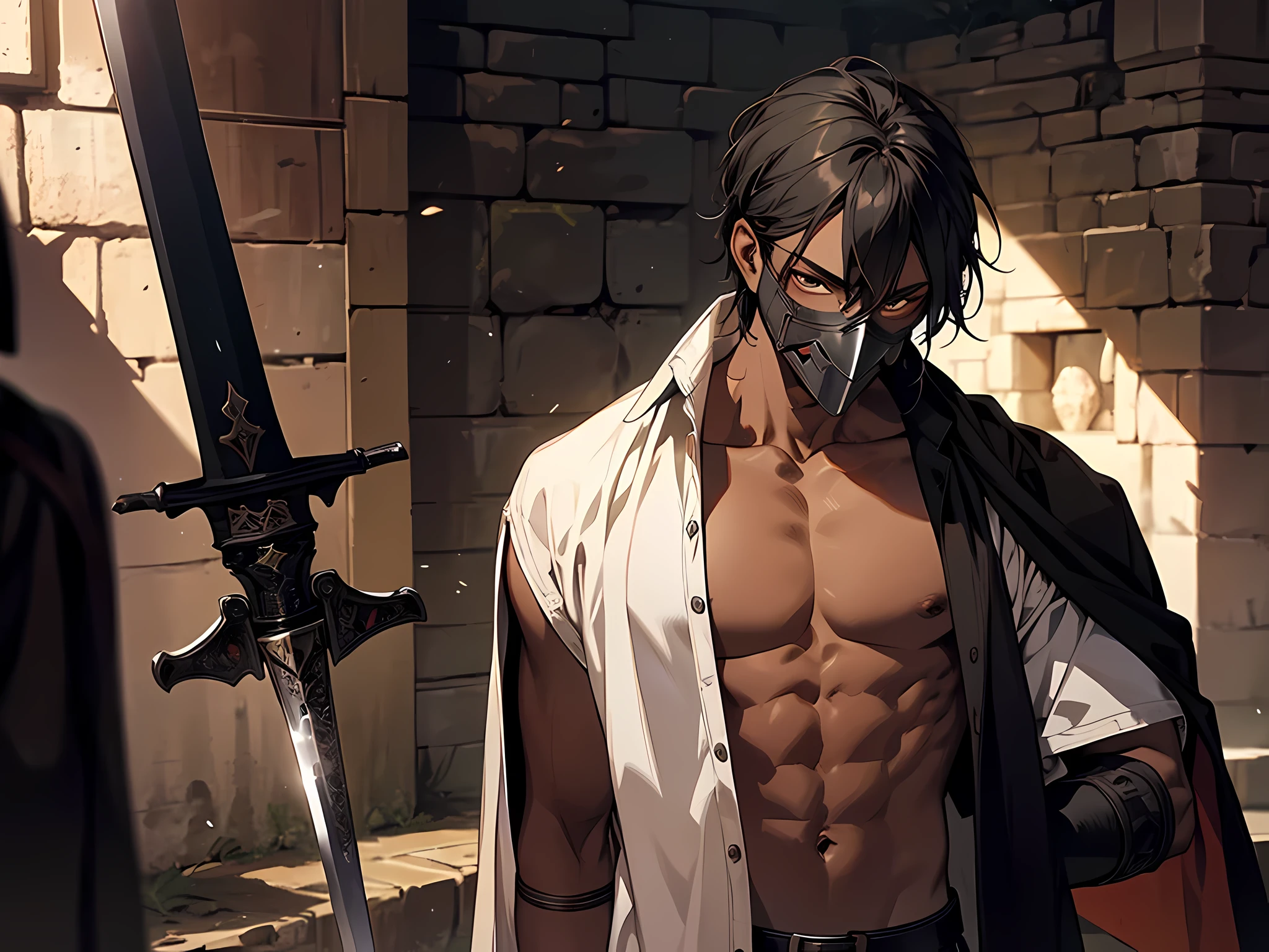 thin young man, dark skin wearing mask, V-shaped vendetta wears a mask, slavery, bare chest, this man is a slave, in a prison, dungeon, dark, medieval times, holding a sword, sword attack