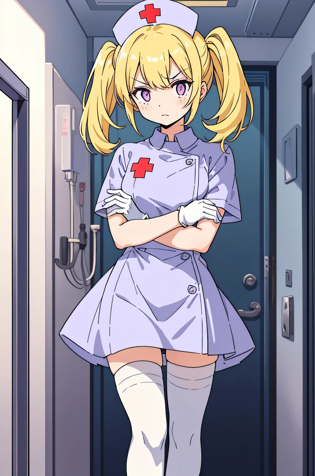 1 girl, alone, nurse, nurse cap, Whiteware, ((white legwear, zettai ryouiki)), white gloves, twin tails, yellow hair, purple eyes, anger, crossed arms, Are standing, ((hospital room)), sharp outline, short sleeve, highest quality, masterpiece