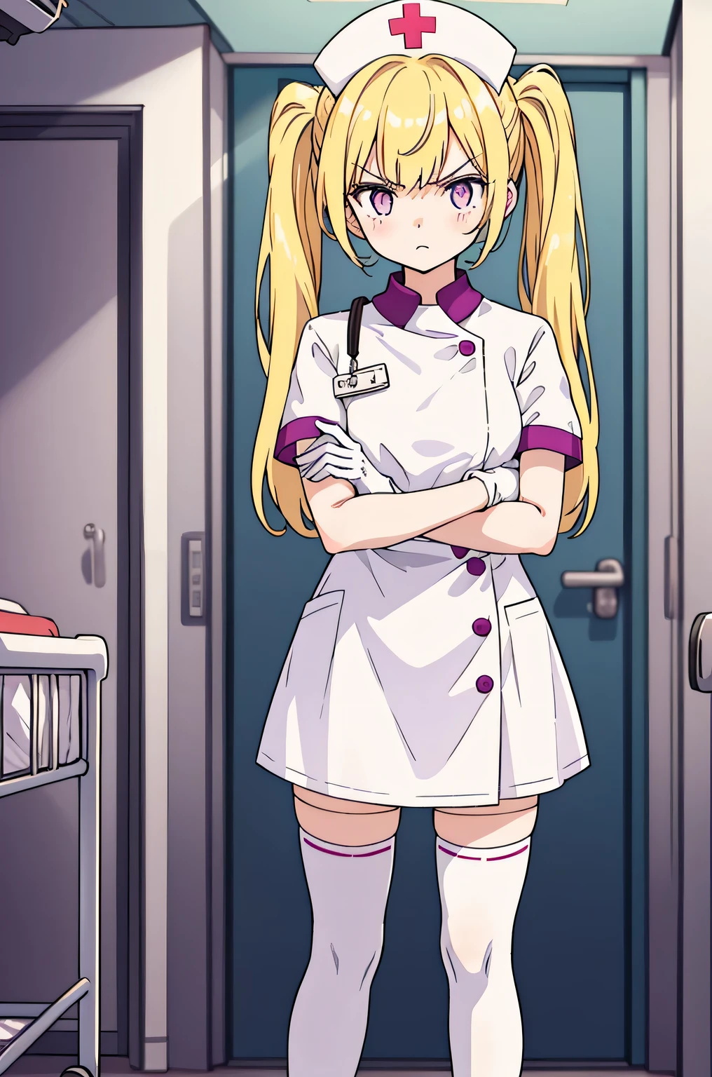 1 girl, alone, nurse, nurse cap, Whiteware, ((white legwear, zettai ryouiki)), white gloves, twin tails, yellow hair, purple eyes, anger, crossed arms, Are standing, ((hospital room)), sharp outline, short sleeve, highest quality, masterpiece