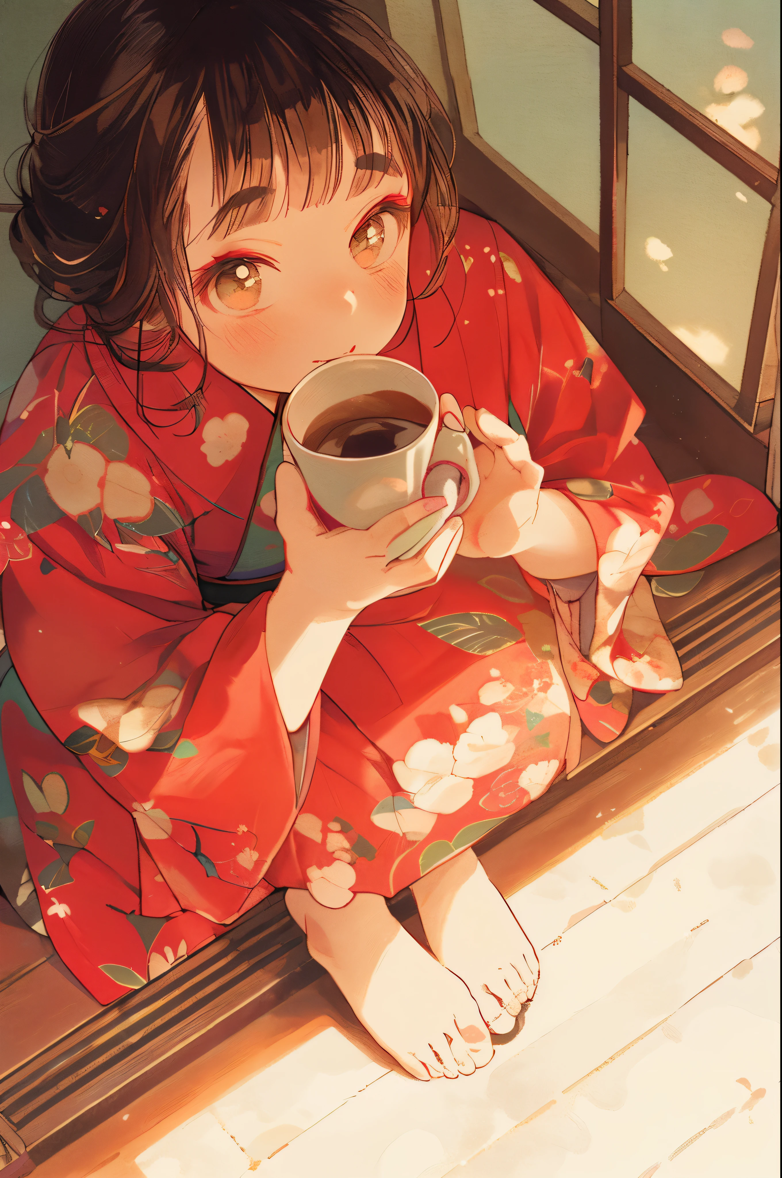pastel colour, Low angle full body shot, high angle full body shot, Sitting in a Japanese-style room and drinking a latte, Camellia pattern kimono, beautiful texture, Japan sit on the porch of the house, sit with your knees up, Beautiful woman, Big eyes,Beautiful woman, delicate and long eyelashes, plump lips, cute illustration, beautiful makeup, thick eyebrows, very short bangs