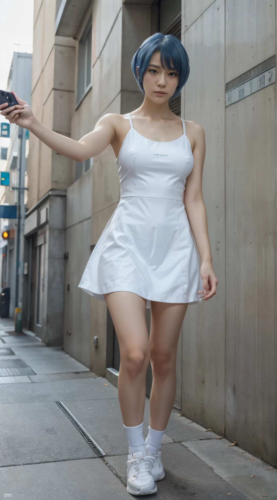 (highres, best quality), Rei Ayanami, Beautiful Mixed Pretty Japanese Babe Face. Beautiful Face, Detailed Beautiful bright red eyes, beautiful slim body, (selfie), Super Blue Short Hair, white dress, combine realism and anime influences, sorrow beautiful face, Intense Beautiful gaze, strolling in city, sneakers