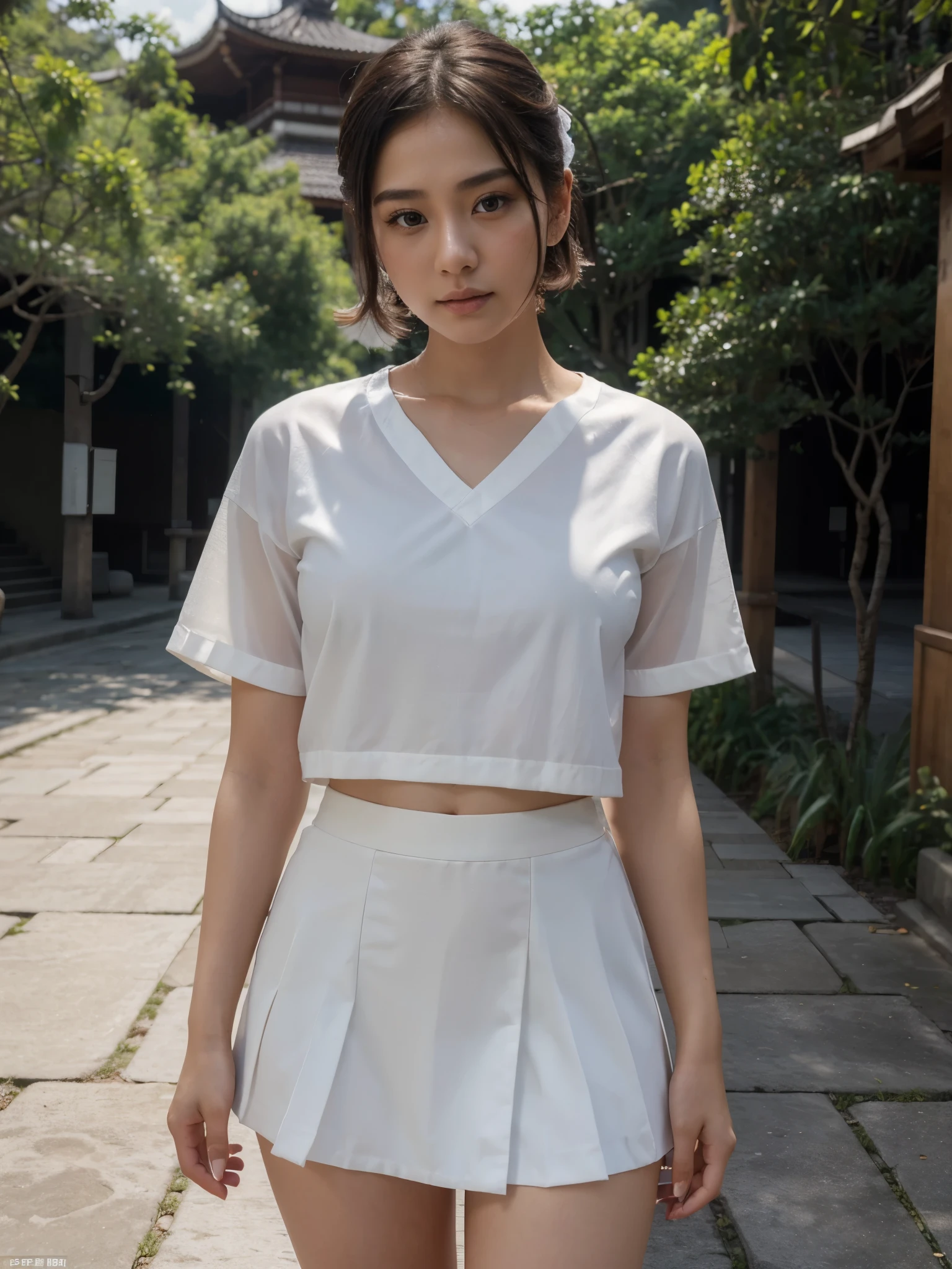(8k, RAW photo, best quality, masterpiece:1.2), ultra detailed, ultra high res,an extremely delicate and beautiful, extremely detailed, Amazing, finely detail, huge file size, official art, extremely detailed CG unity 8k wallpaper,1girl, short hair, (23 years old:1.2), cute girl, chinesse japan oriental look, sexy look, kawaii,realistic body, ,(white shirt,mini white skirt), borobudur outdoors, daylight, public, crowd,dynamic lighting, ultra cinematic scene