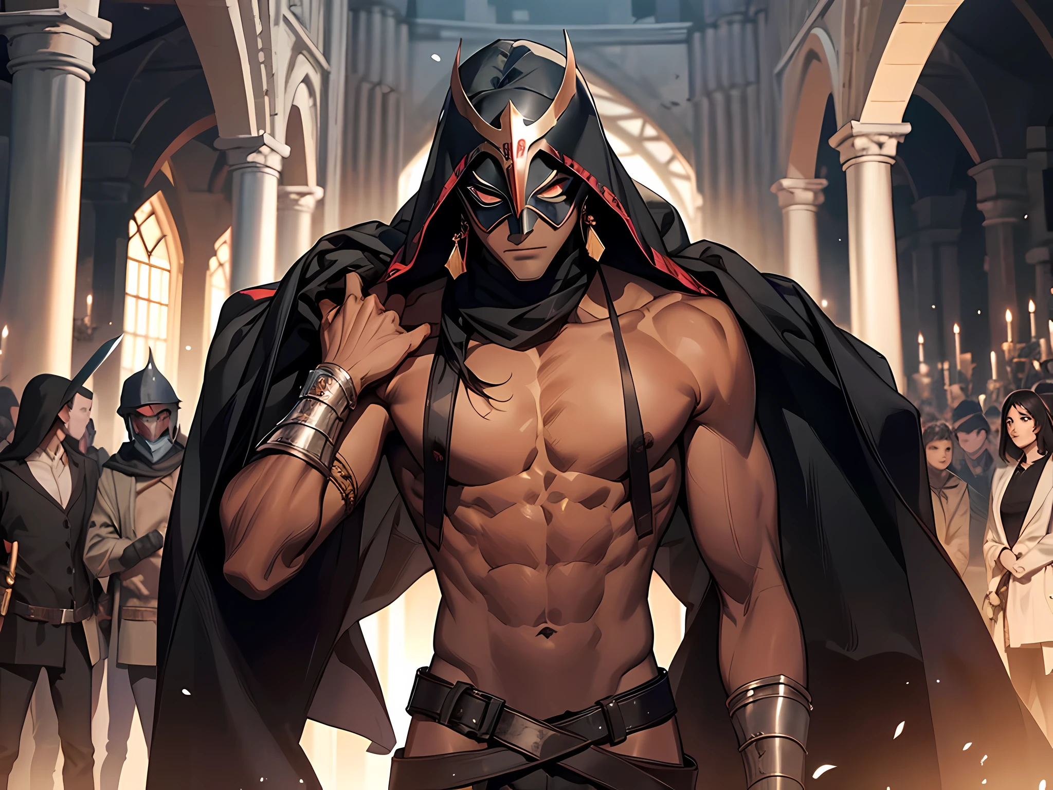 thin young man, dark skin wearing mask, V-shaped vendetta wears a mask, slavery, bare chest, this man is a slave, dark, medieval times, holding a sword, gladiator arena