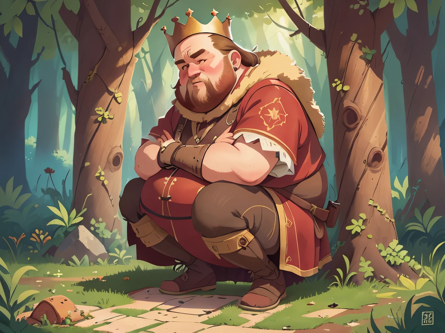 ((Full body)),Medieval Europe, medieval clothing, ancient times,(A fat king squatting down:1.5),((blond hair)), watercolor, medieval style,