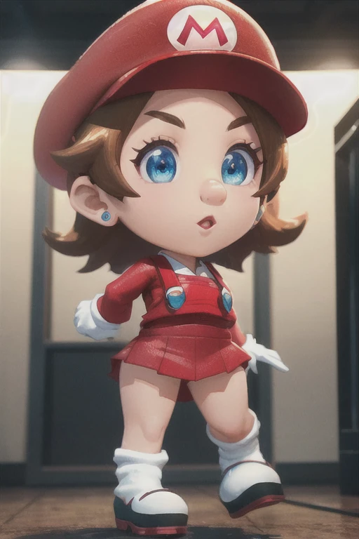 (female Mario), character design, Nintendo Super Mario, (blue eyes, red hat, red suit, blue suspenders, white gloves, )super cute blind box style, chibi, full body, exaggerated expressions and actions, clean background, bright iridescent highlights, studio lighting, atmospheric lighting, with exquisite texture, high detail, high resolution, c4d, 3D, Blender, 8k, best quality, ultra high definition