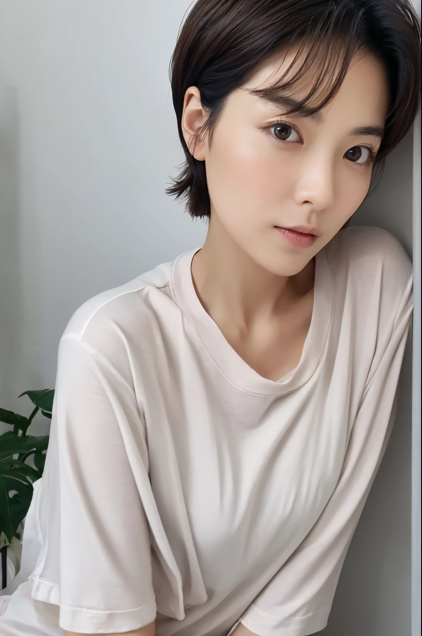 Female in her 30s, very short hair, Face without makeup, silky white skin, sexy, thin waist, navy blue T-Shirt, white wall in background
