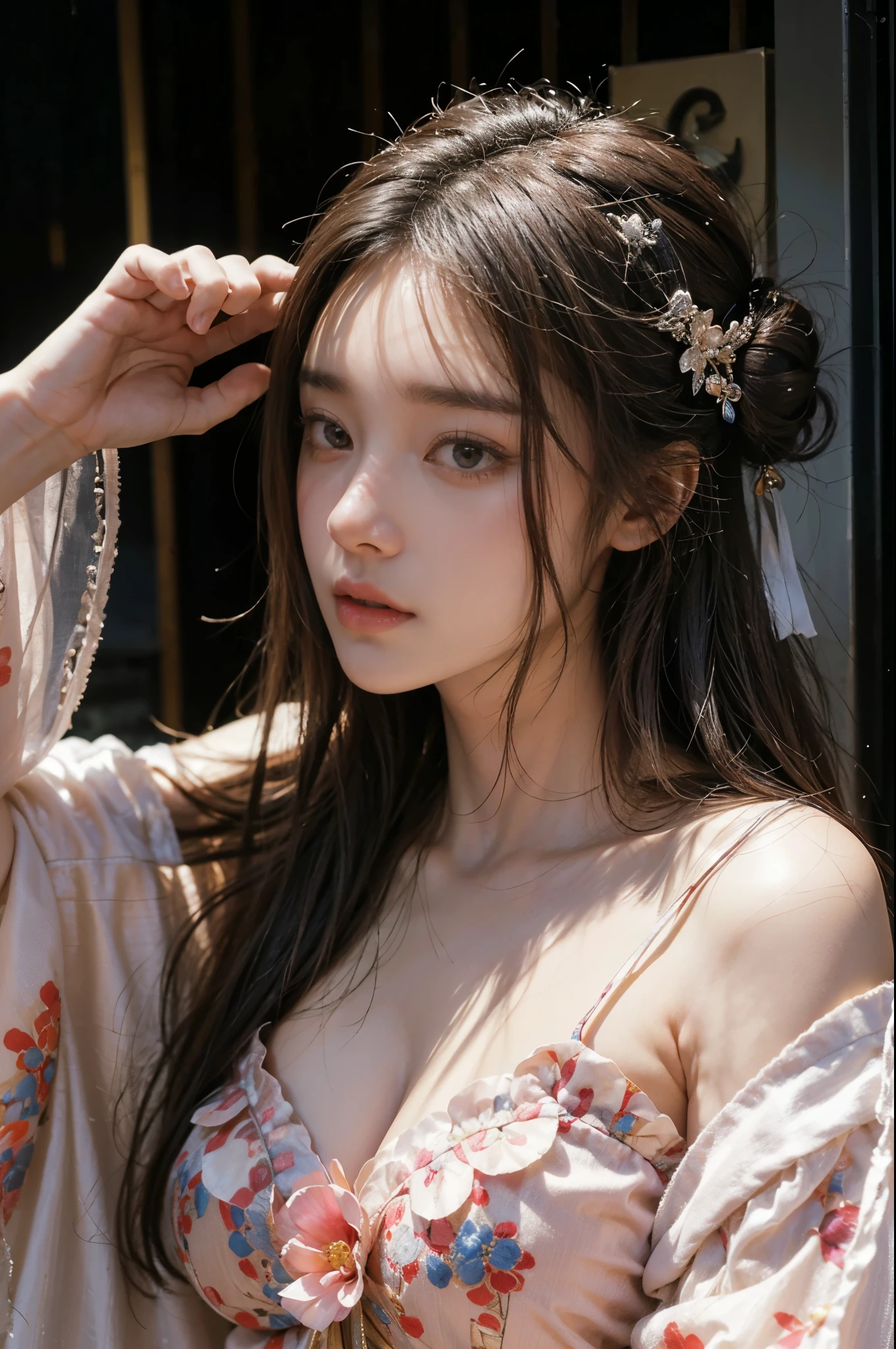 alone,From mobile legend, (surreal), (High resolution), (8K), (very detailed), (best illustrations), (beautiful and fine eyes), (highest quality), (super detailed), (masterpiece), ( wallpaper), (detailed face) 、masterpiece、high resolution、Upper body、dramatic angle、female focus、Gorgeous Hanfu、wide sleeves、((1 girl))、chinese girl、Red plum、nice face、detailed eyes、delicate muscle lines、beautiful hands、(single bun)