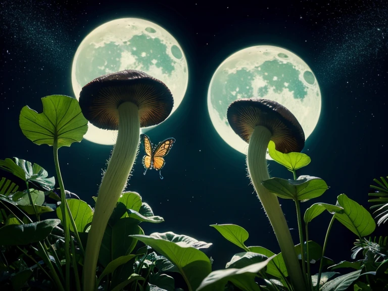 Couple Skull Mushroom Eyes Flowers Green Plants Moon Starry Sky Background Butterflies  