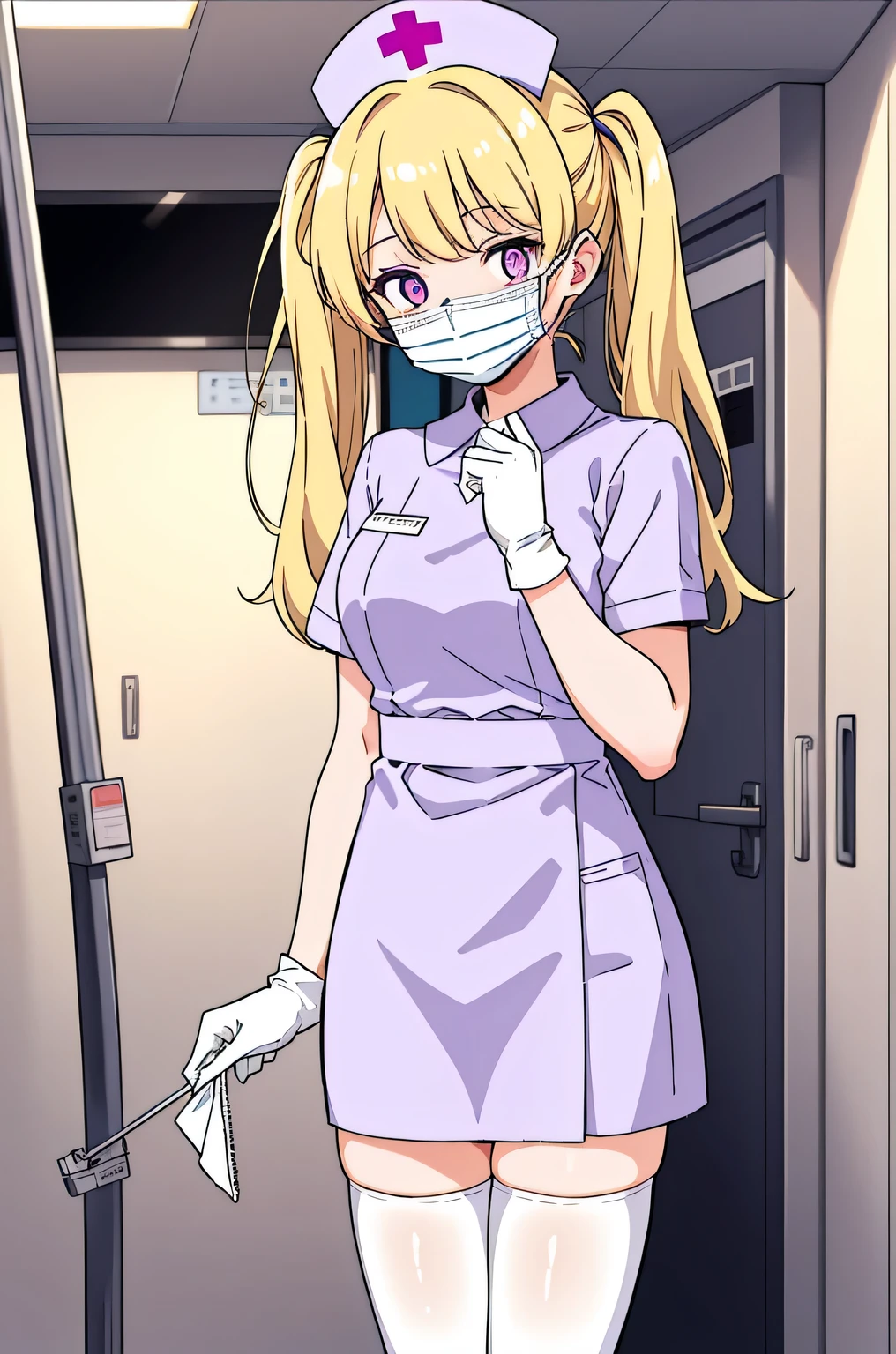 1 girl, alone, nurse, nurse cap, Whiteware, ((white legwear, zettai ryouiki)), white gloves, twin tails, yellow hair, purple eyes, ((White surgical mask, Covered nose)), Are standing, ((hospital room)), sharp outline, short sleeve, highest quality, masterpiece