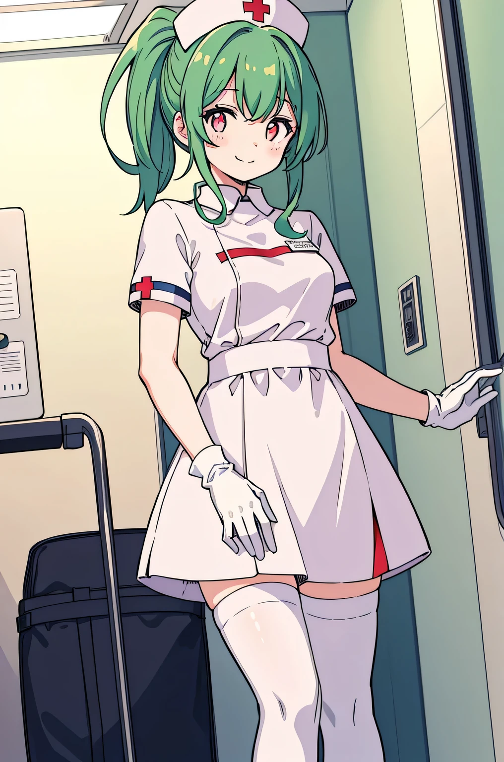 1 girl, alone, nurse, nurse cap, Whiteware, ((white legwear, zettai ryouiki)), white gloves, ponytail, green hair, pink eyes, smile, Are standing, ((hospital room)), sharp outline, short sleeve, highest quality, masterpiece