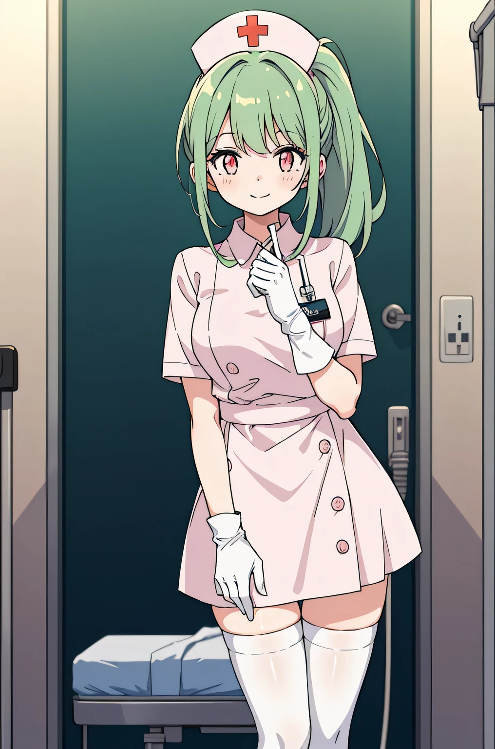 1 girl, alone, nurse, nurse cap, Whiteware, ((white legwear, zettai ryouiki)), white gloves, ponytail, green hair, pink eyes, smile, Are standing, ((hospital room)), sharp outline, short sleeve, highest quality, masterpiece