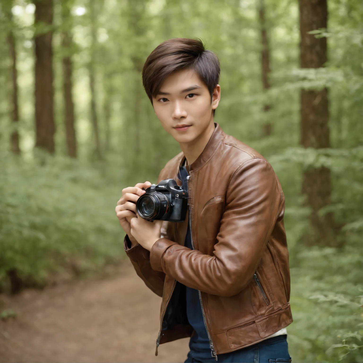 a 20 year old young man, neat short cut hair standing, Asian face, wearing a brown leather jacket, white T-shirt, carrying a camera, taking photos in the forest, beautiful and charming mountain backdrop, realistic UHD