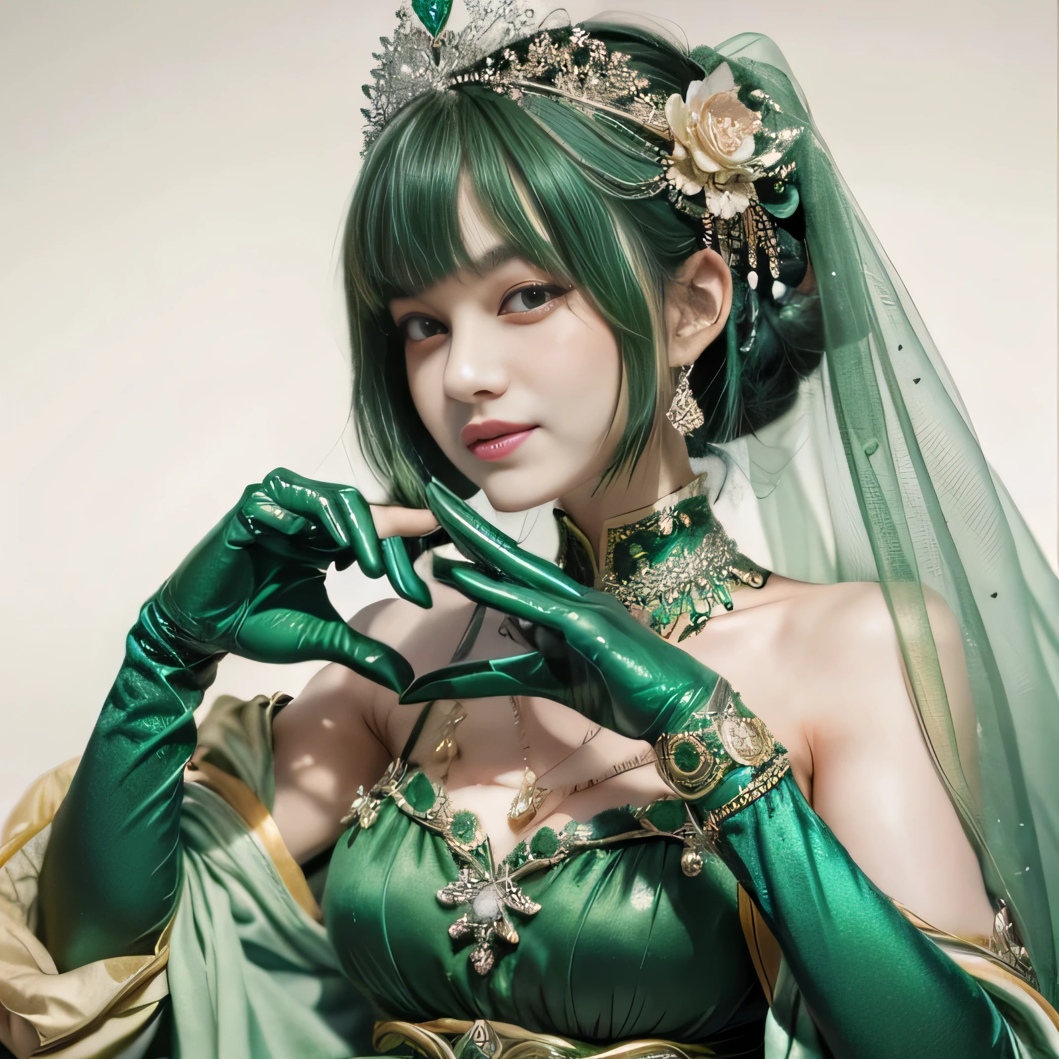 emerald tiara, green pearl necklace, ボーイッシュな非常に短いgreen hair, lipstick, smiling Japanese woman, very short hair,  Beauty with large breasts, green eyes, Long Green Satin Gloves, green eyes, emerald earrings, green veil, heart with both hands, green hair, beautiful japanese woman, heart shaped hand:1.3, green lip gloss