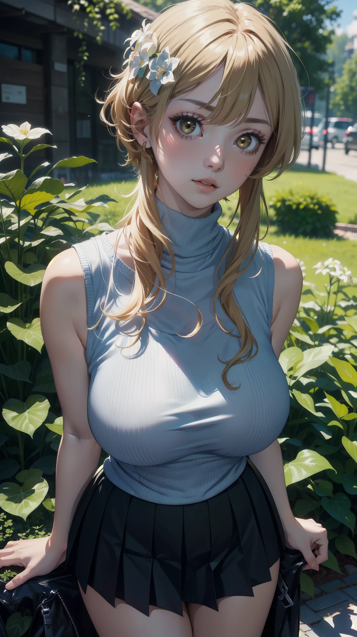 (masterpiece, top quality, best quality, official art, beautiful and aesthetic:1.2), (beautiful face),
extremely detailed,colorful,highest detailed, (outdoors), bright eyes, huge breast, (sleeveless turtleneck:1.5), ((luminernd)), ((skirt)), standing
