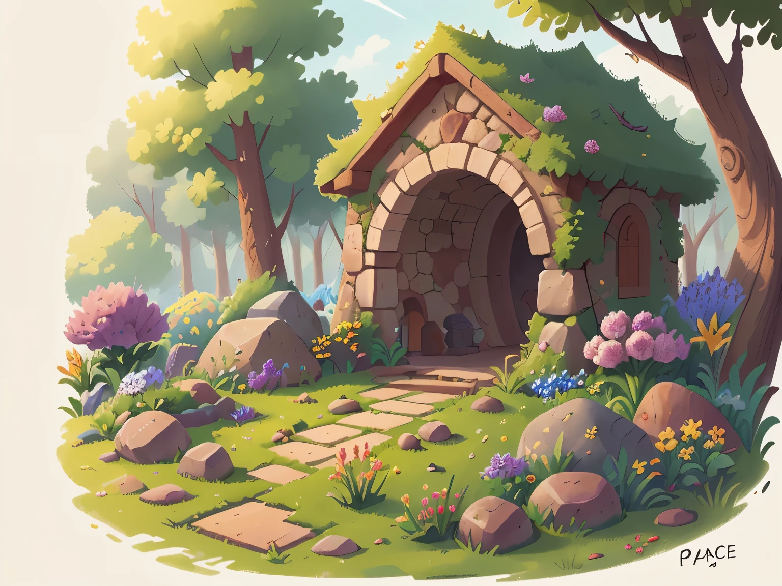 ,Medieval Europe, medieval clothing, ancient times,(PPalace garden, with a huge stone, flowers, trees, close-up:1.5),watercolor, medieval style,