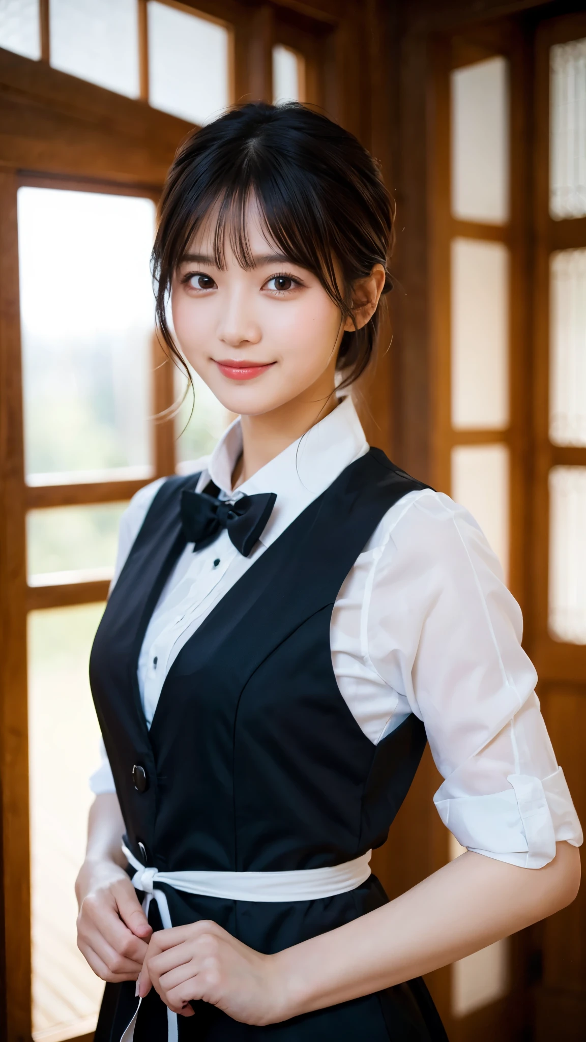 (highest quality,masterpiece:1.3,ultra high resolution),(Super detailed,caustics,8k),(photorealistic:1.4,RAW shooting),girl dressed as a butler,Japanese,Handsome guy,smile,20-year-old,black hair short cut,looking at the camera,Inside a Western-style mansion,shot from the waist up,front,(Warm light),professional writing