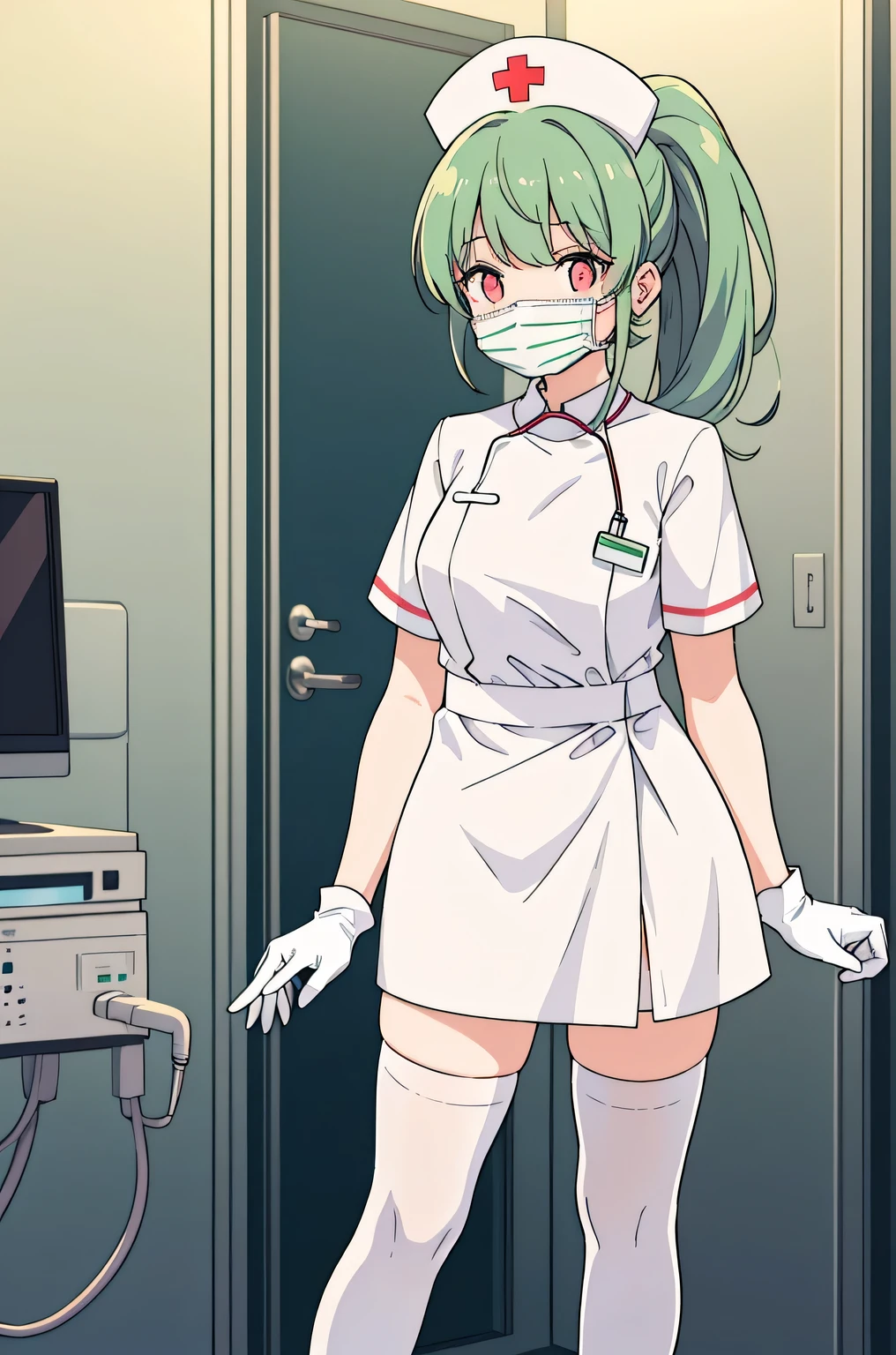 1 girl, alone, nurse, nurse cap, Whiteware, ((white legwear, zettai ryouiki)), white gloves, ponytail, green hair, pink eyes, ((White surgical mask, Covered nose)), Are standing, ((hospital room)), sharp outline, short sleeve, highest quality, masterpiece