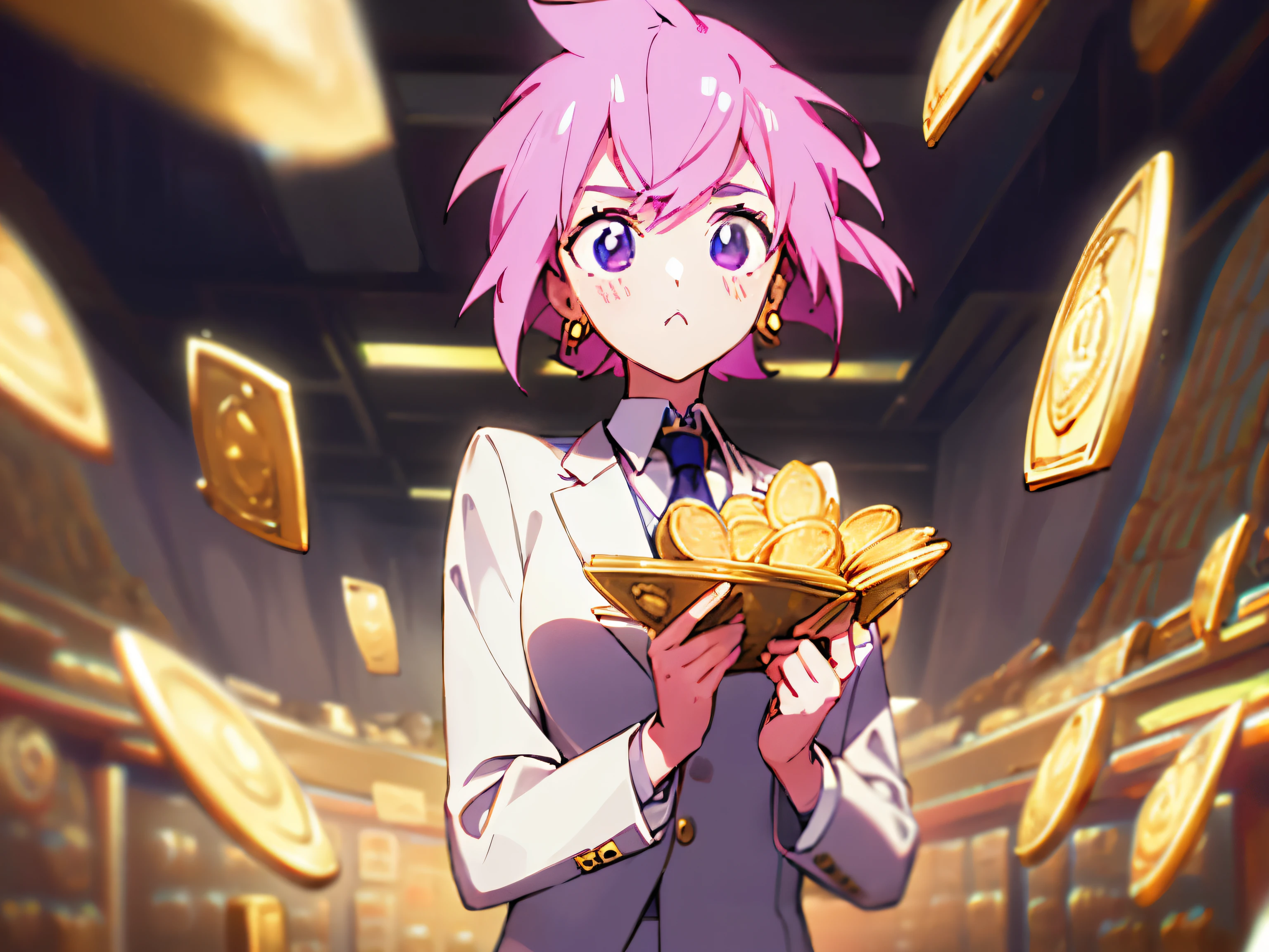 a girl,looking at the audience,jewelry,pink hair,earrings,tie,Formal wear,suit,in office,There are gold coins on the screen,Holding gold coins in hand,